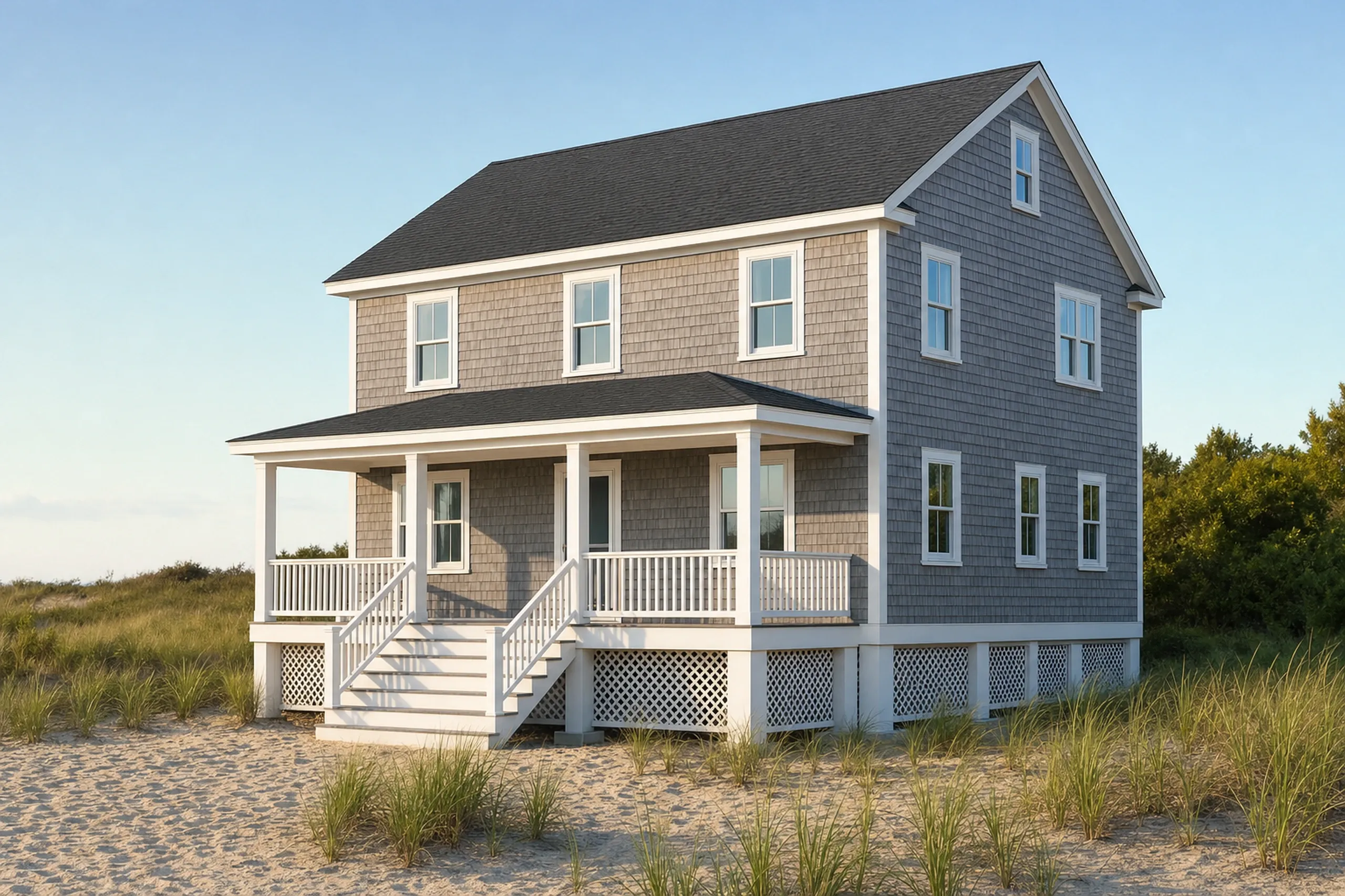 General contractor in Old Orchard Beach, ME: gray shingled two-story house with a dark roof and a front porch raised on a lattice skirt, with stairs, on sand and beach grass