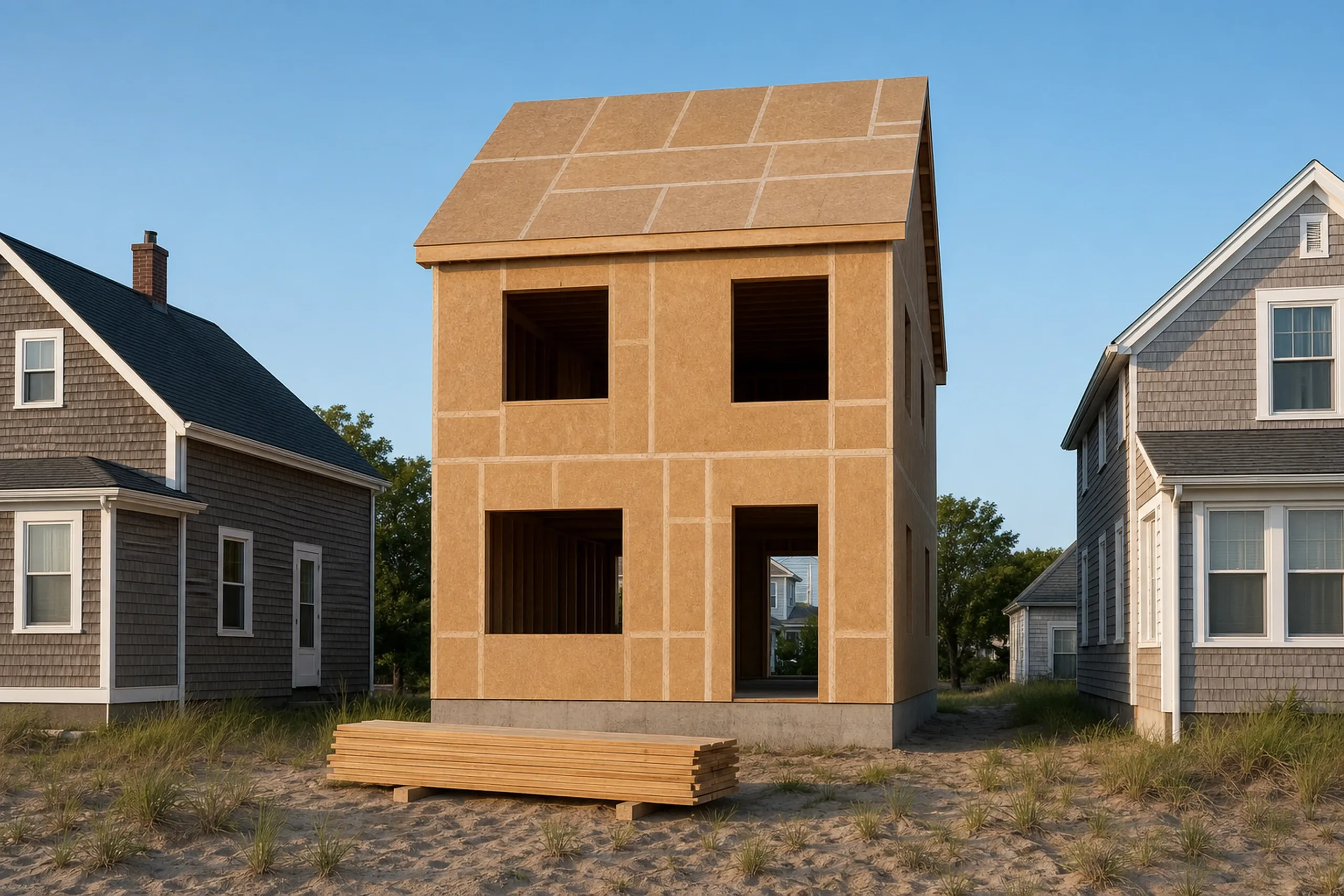 General contractor in Old Orchard Beach: new house framed and sheathed with open window holes, squeezed between two older shingled houses, with a stack of lumber on sand in front
