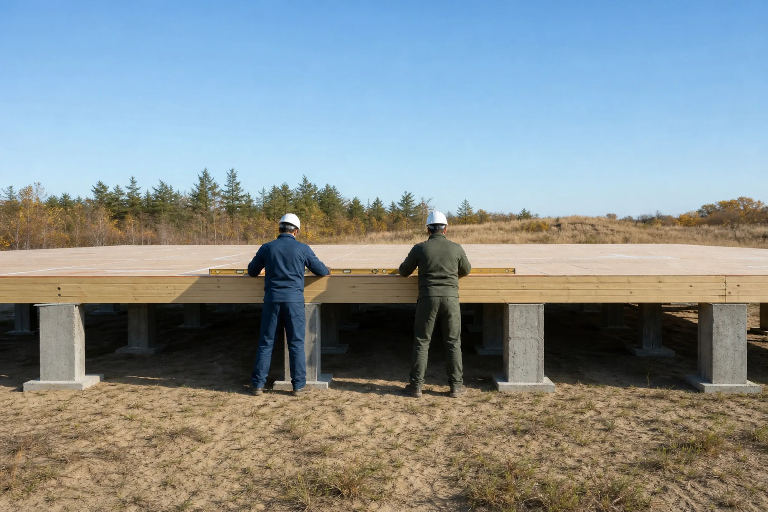 General contractor in Old Orchard Beach: two men in white hard hats seen from behind, holding a level against a wood floor deck that sits on concrete piers over sandy ground