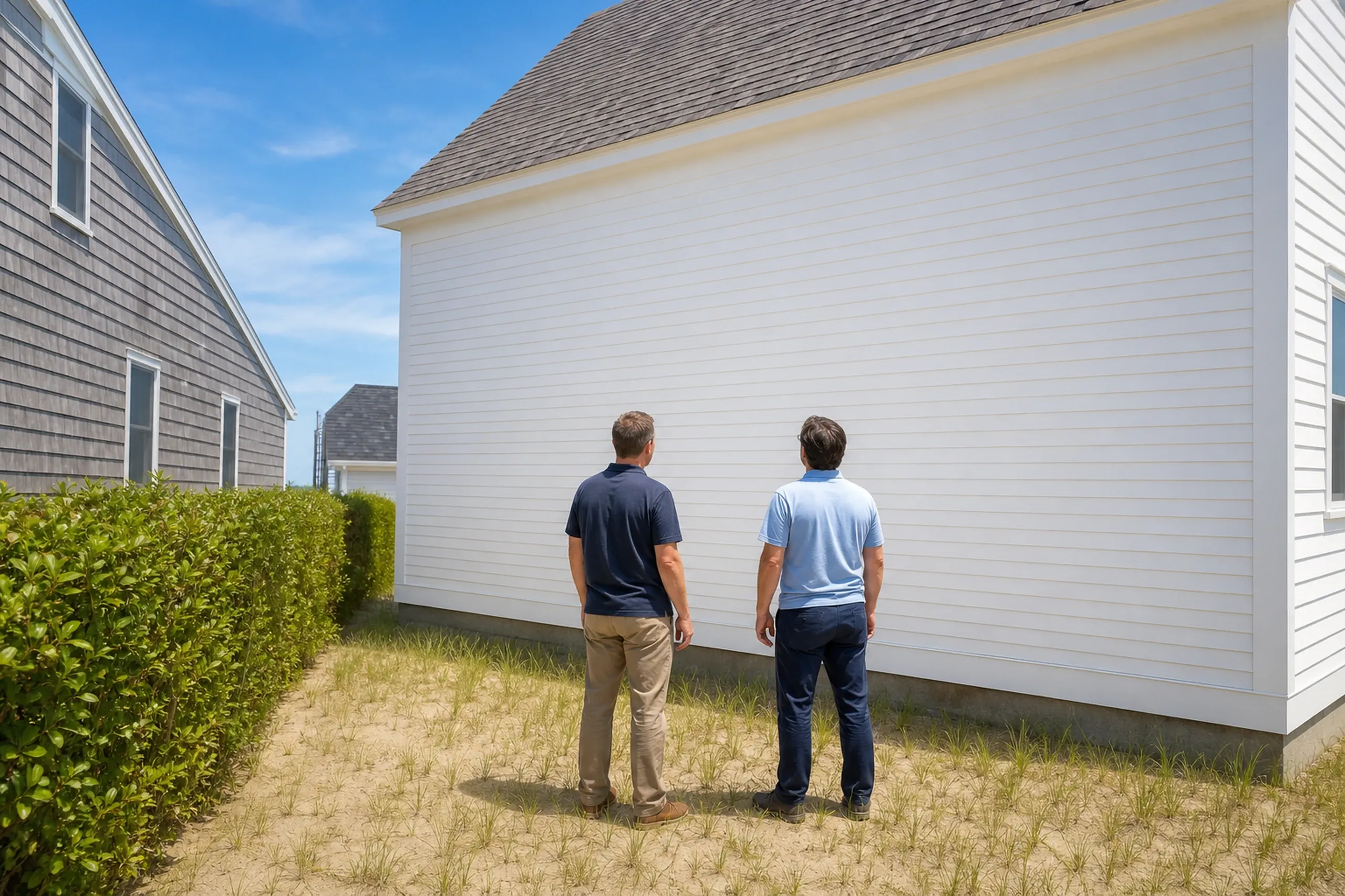 General contractor in Old Orchard Beach: two men seen from behind in polo shirts looking up at a tall white clapboard wall, with a trimmed hedge and a gray shingled house beside it