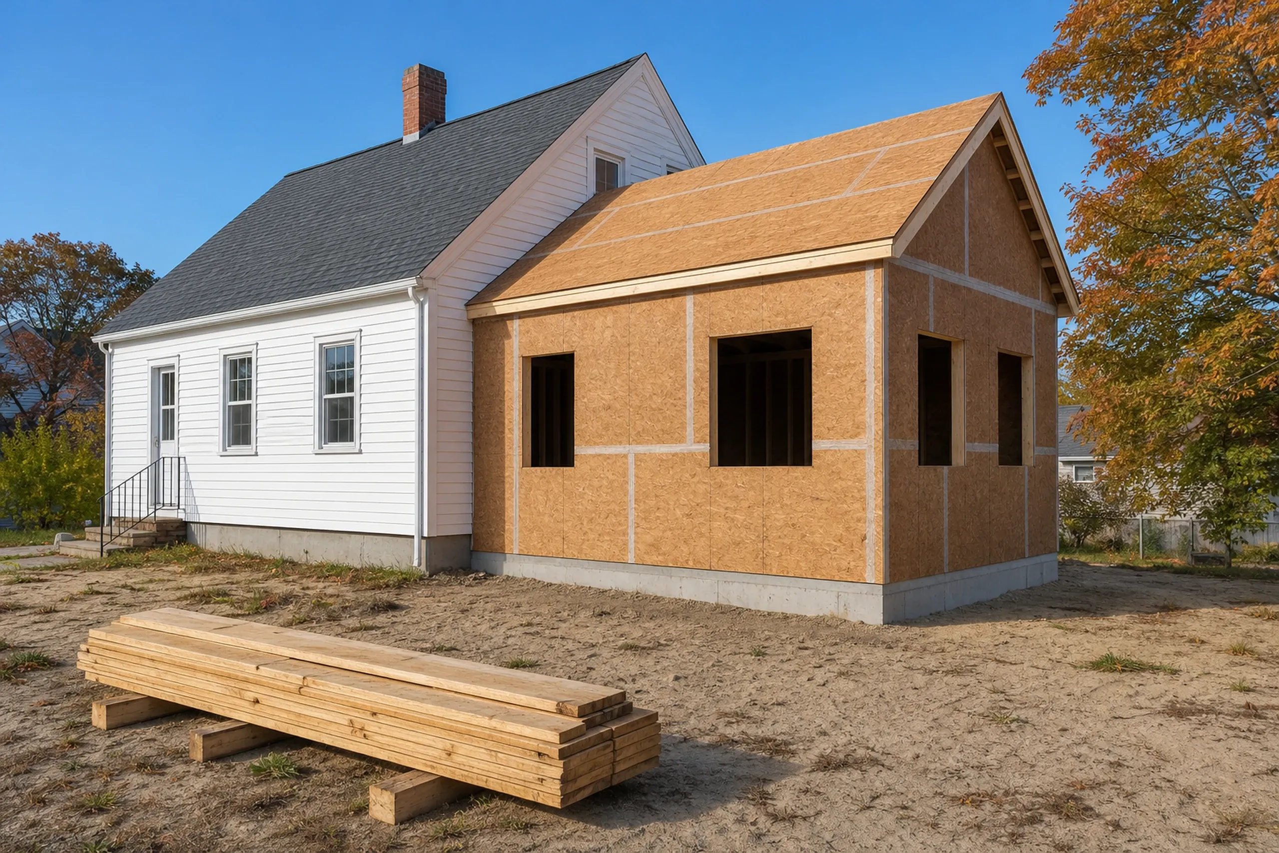 General contractor in Old Orchard Beach: white clapboard house with a brick chimney beside a new side addition sheathed in brown panels, a lumber stack on bare ground in autumn