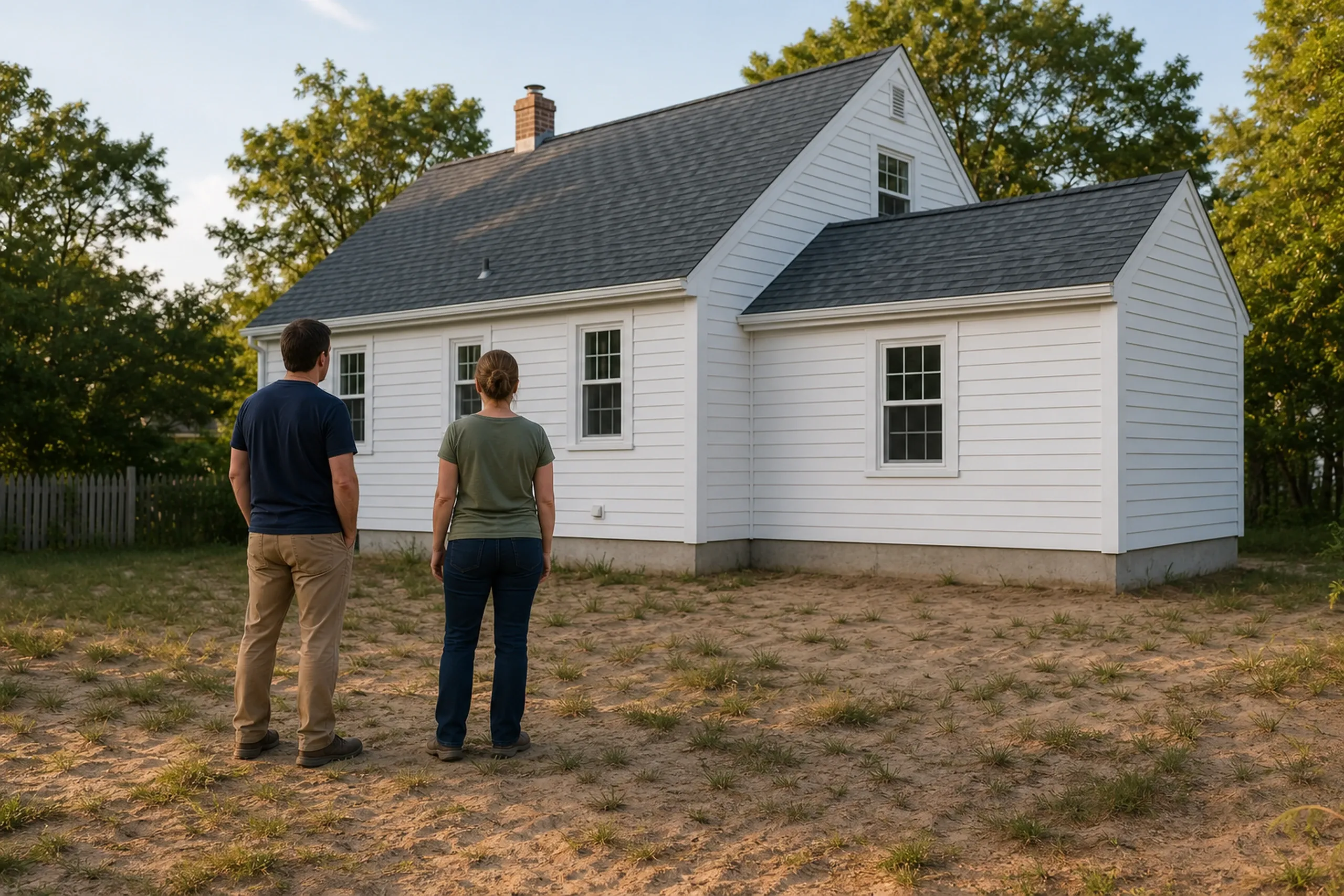 General contractor in Old Orchard Beach: A man and a woman seen from behind facing a white clapboard house and its smaller side wing, on bare patchy ground with trees behind