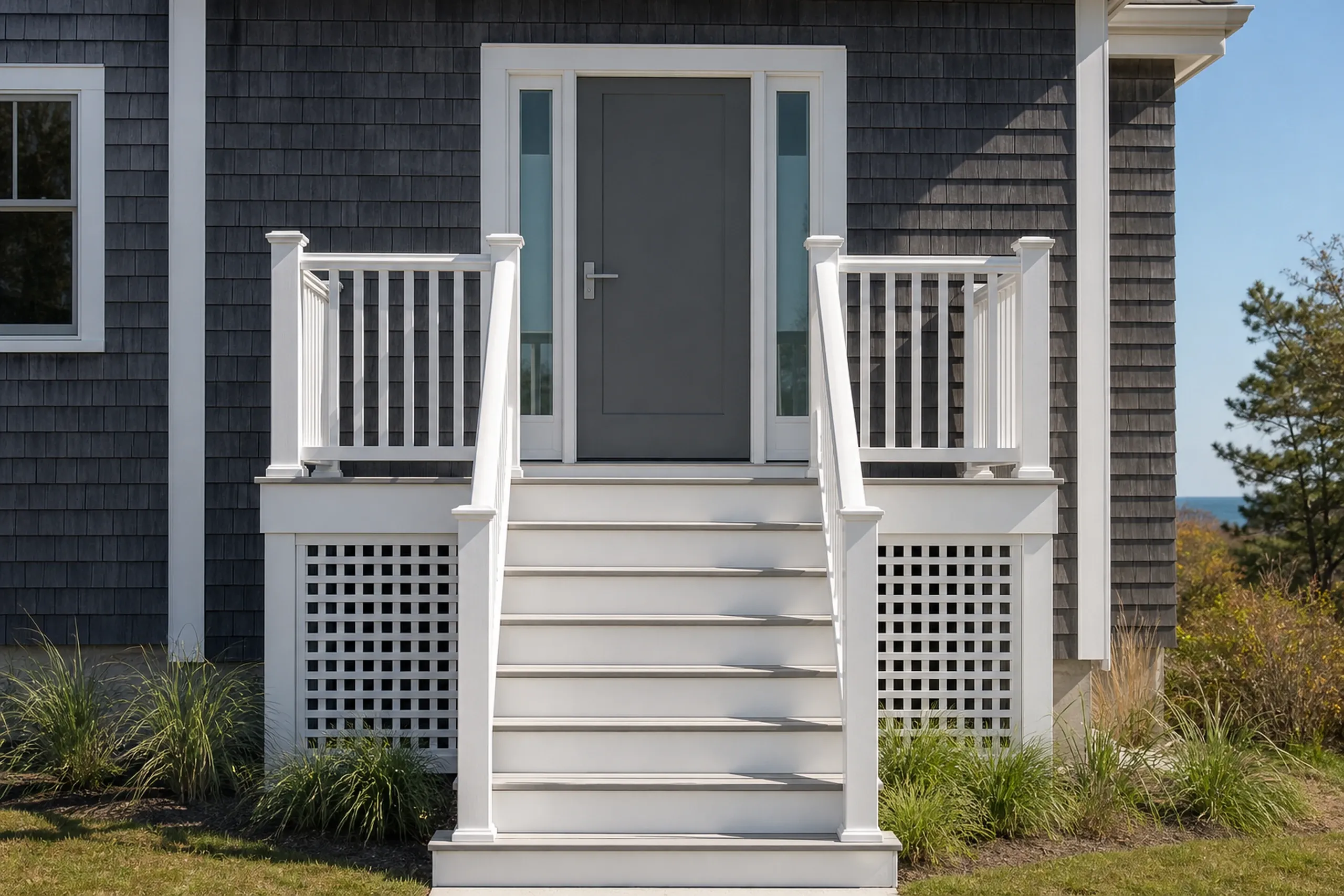 General contractor in Old Orchard Beach: front entry with a gray door and glass side panels, white railings on a short stair with lattice skirting, and dark gray shingle siding