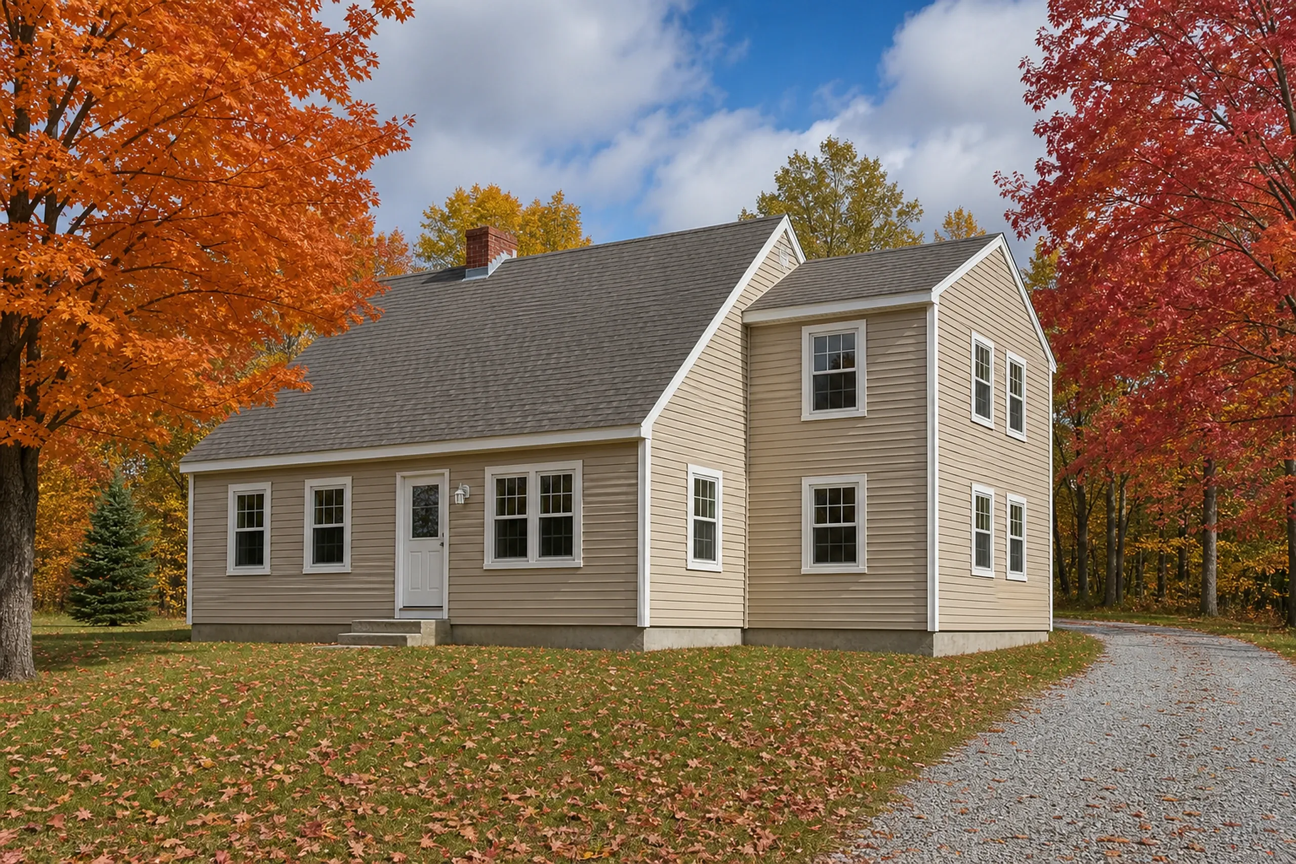 General contractor in Pownal: tan sided house with a gray roof, brick chimney and a taller side wing, fallen maple leaves on the lawn and a gravel drive in autumn
