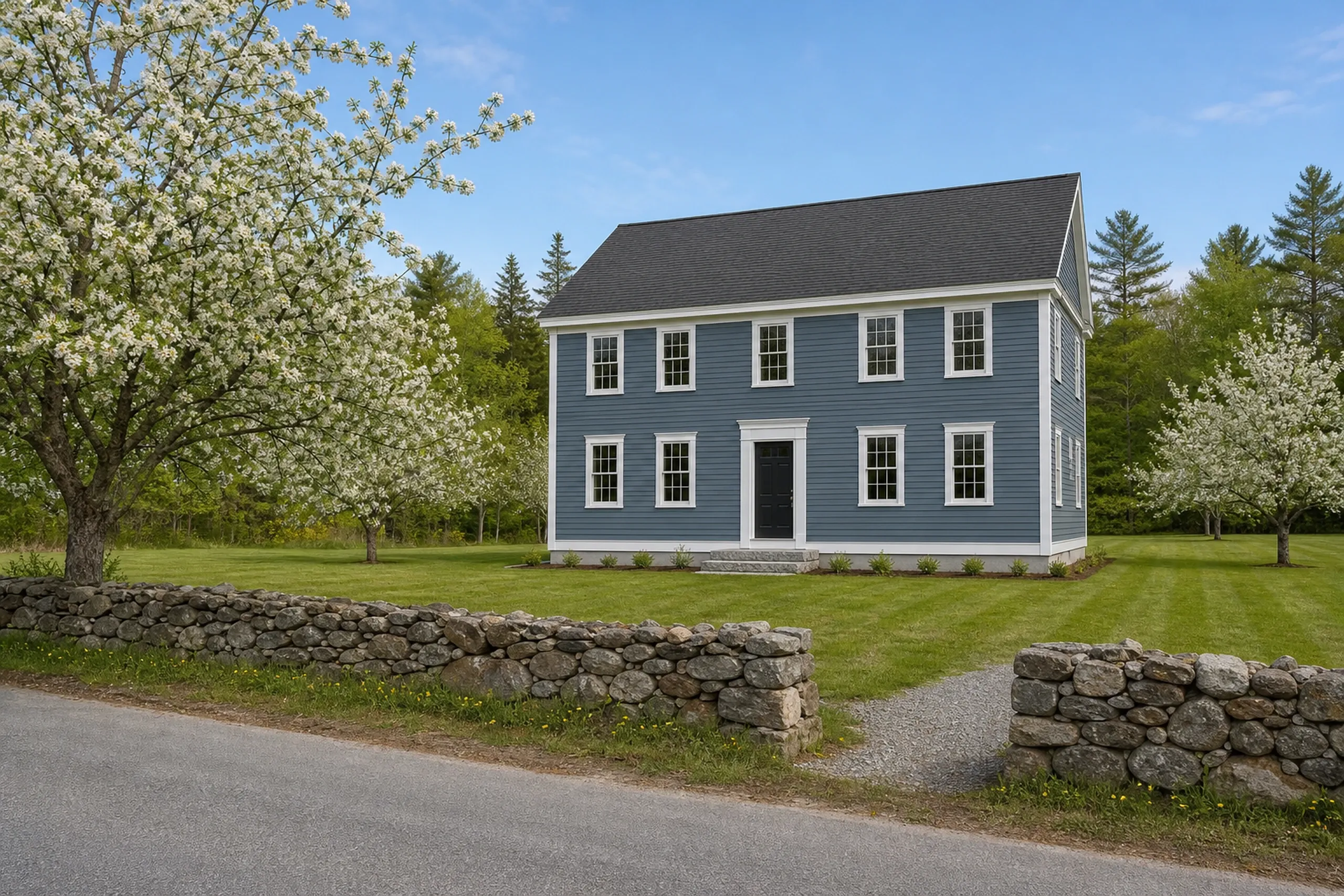 General contractor in Pownal: two-story blue-gray clapboard house with a dark roof and black front door, behind a fieldstone wall and white blossoming trees in spring