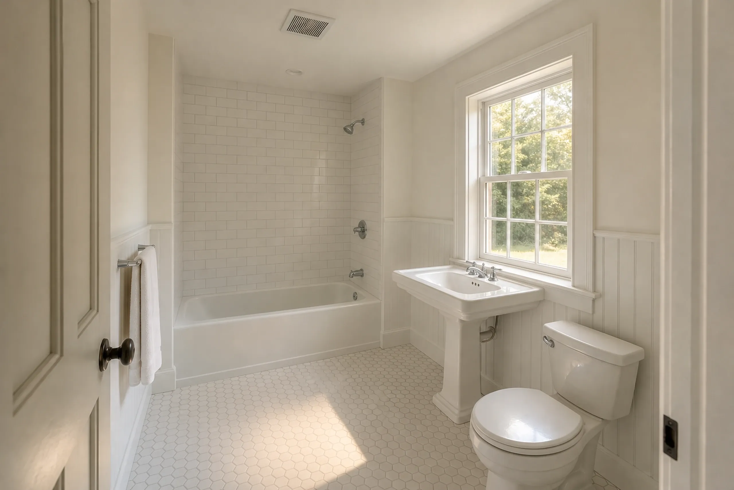 General contractor in Pownal: bathroom with a tub and subway tile surround, a pedestal sink under a double-hung window, beadboard wainscot, a toilet and hex floor tile