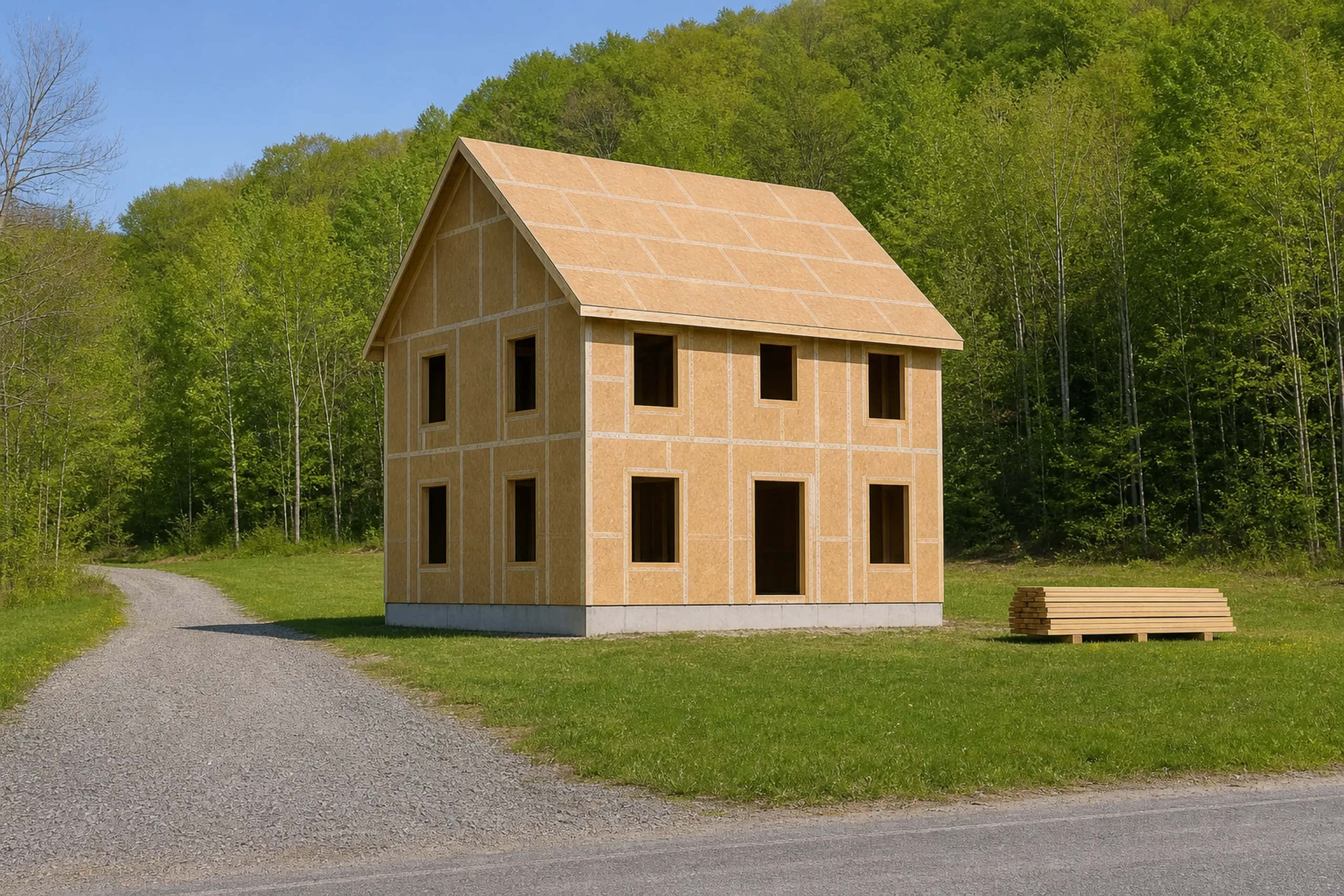 General contractor in Pownal: two-story house framed and sheathed with open window holes on a concrete base, lumber on grass beside a gravel road, wooded hill behind