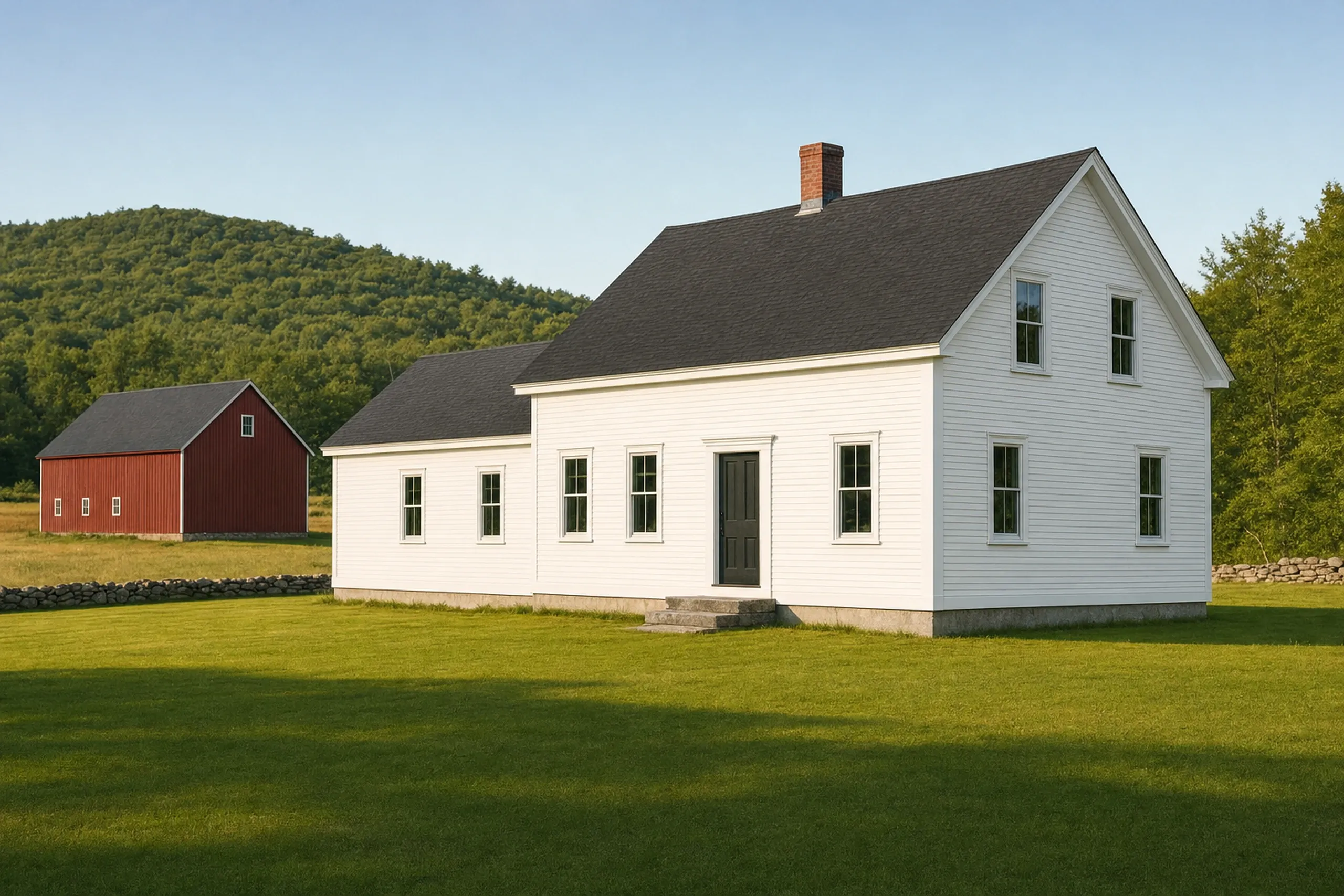 General contractor in Pownal, ME: new white clapboard cape with a long ell, a red barn and wooded hill behind it, a mown lawn and a low stone wall