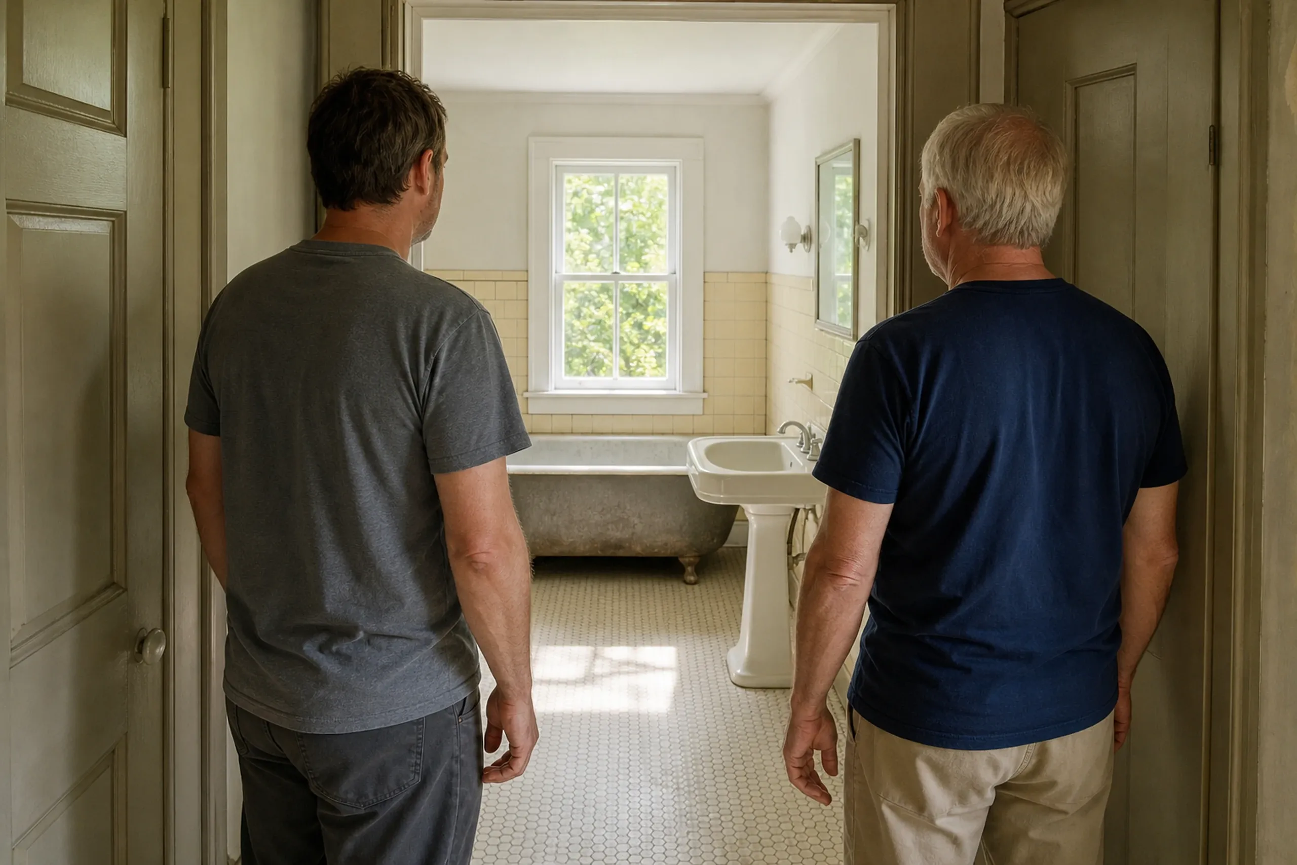 General contractor in Pownal first visit: two men seen from behind in a doorway looking into an old bathroom with a clawfoot tub, a pedestal sink and pale yellow wall tile