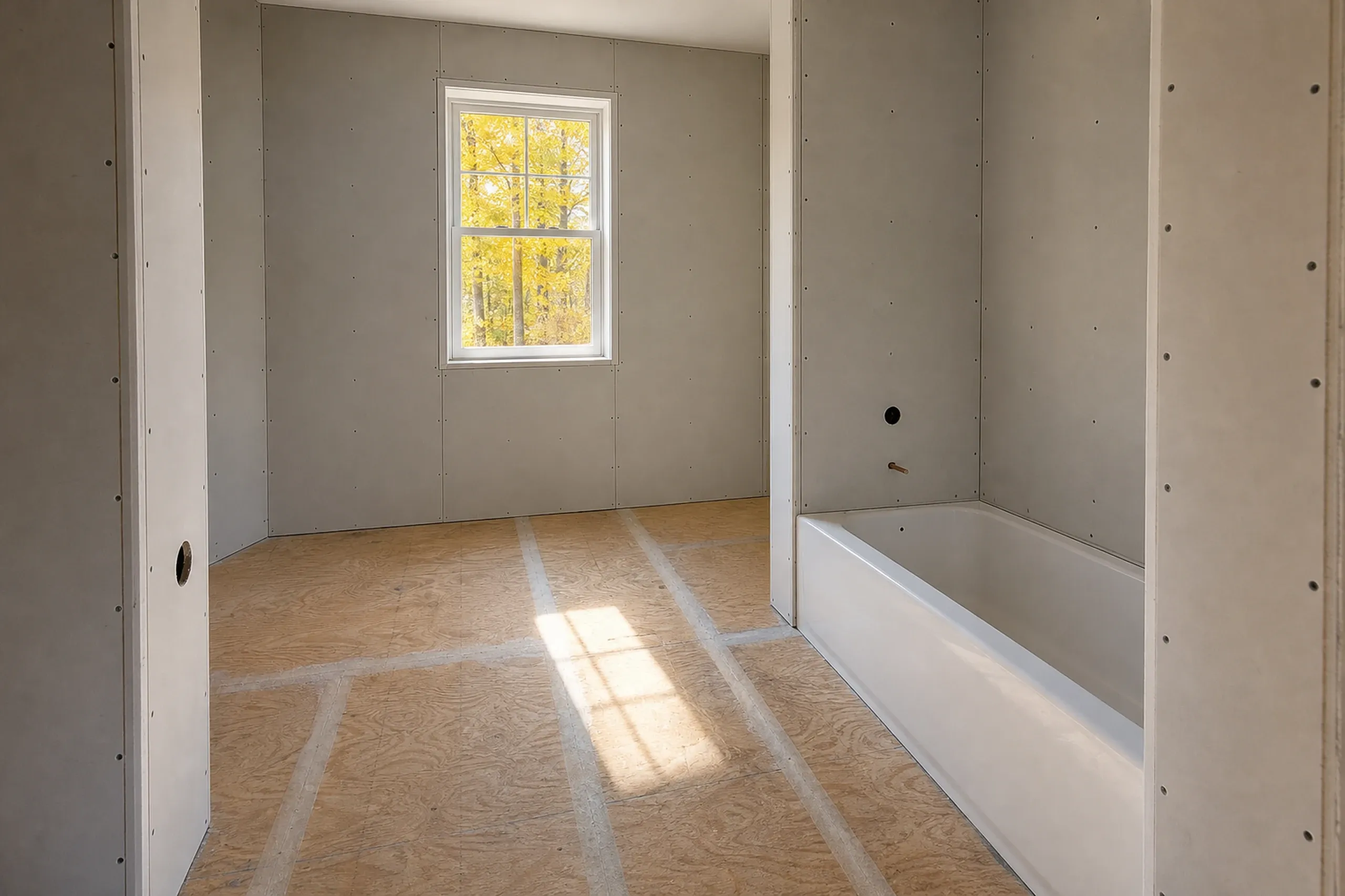 General contractor in Pownal in progress: unfinished bathroom with gray drywall panels, a plywood subfloor, a white tub set in the corner and a window onto yellow-leaved trees