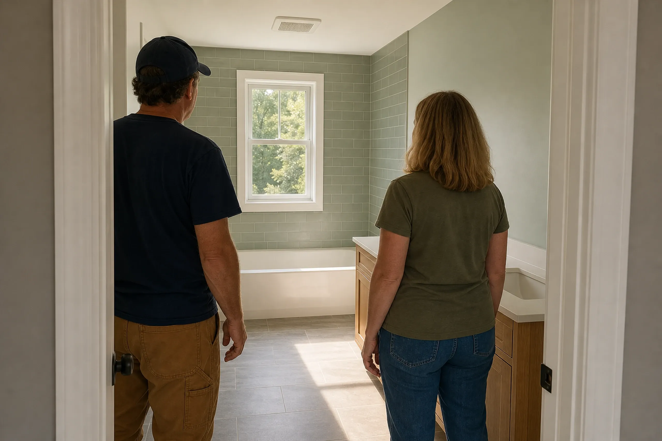 General contractor in Pownal final walkthrough: A man in a ball cap and a woman seen from behind at a bathroom doorway, with green subway tile, a tub, a wood vanity and gray floor