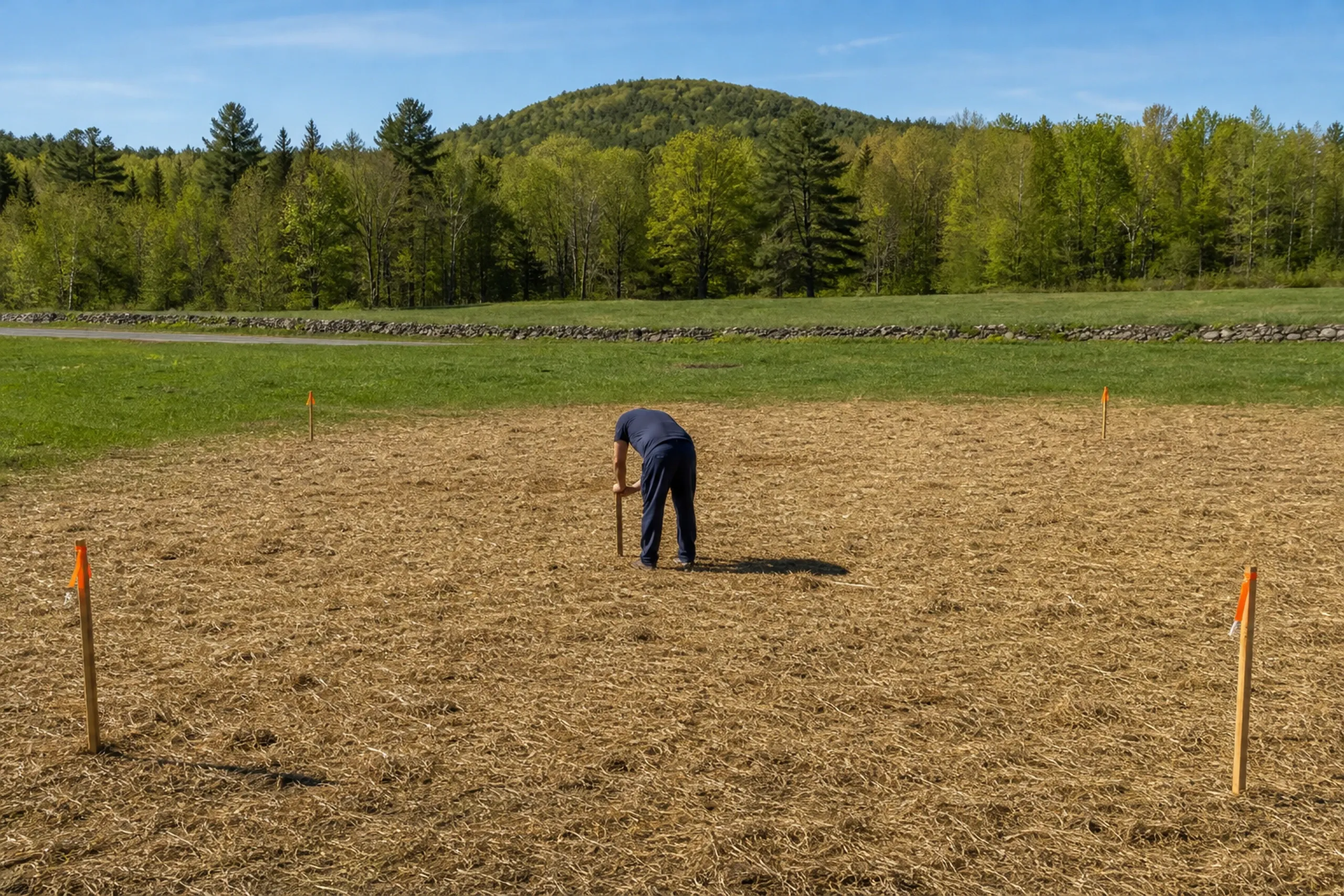 General contractor in Pownal: A man in dark blue clothes bent over a stake in a straw-covered cleared plot marked with orange-flagged stakes, with a wooded hill beyond
