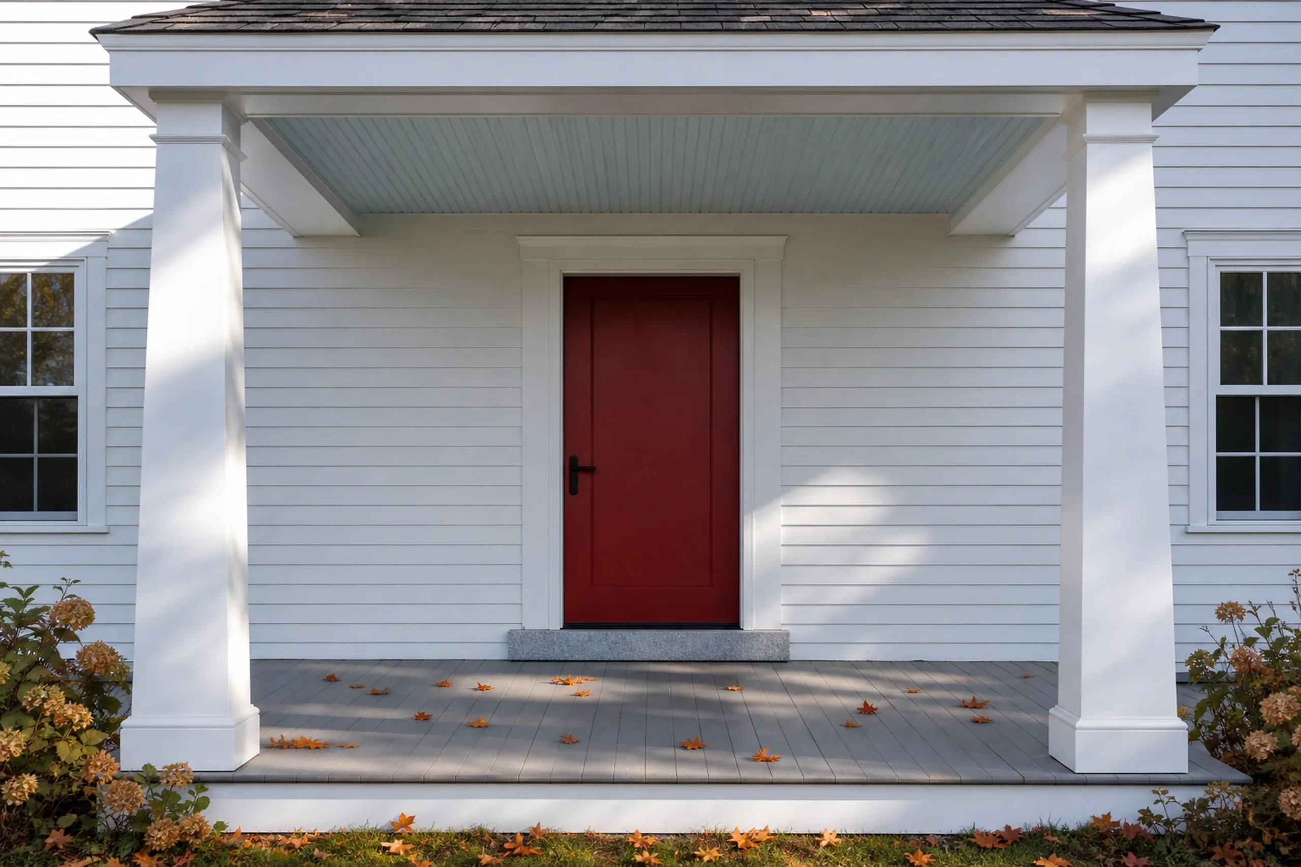 General contractor in Pownal: covered front entry with a red door, two square white columns and a beadboard ceiling on white clapboard siding, orange leaves on the floor