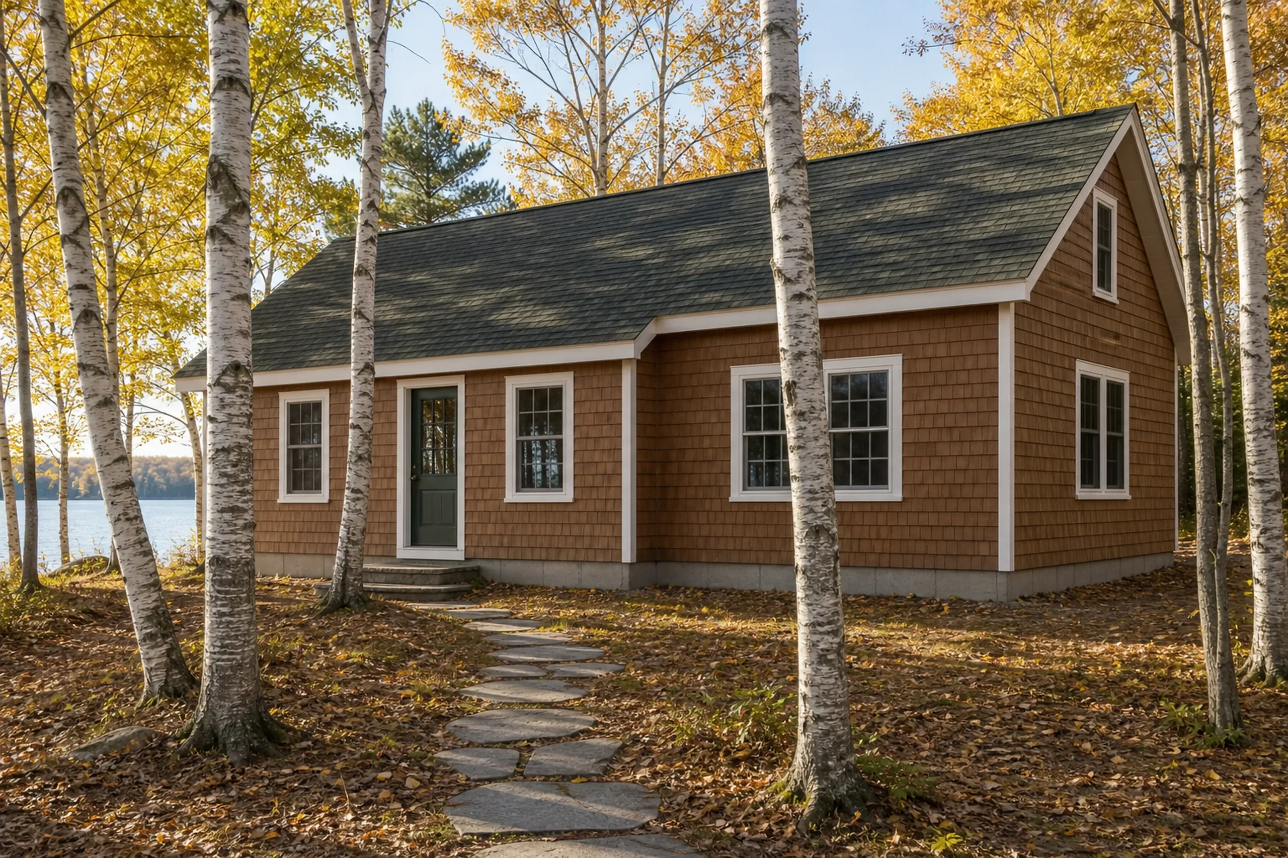 General contractor in Raymond: small brown shingled house with a green roof and green door among white birches with yellow leaves, a stepping stone path and a lake behind