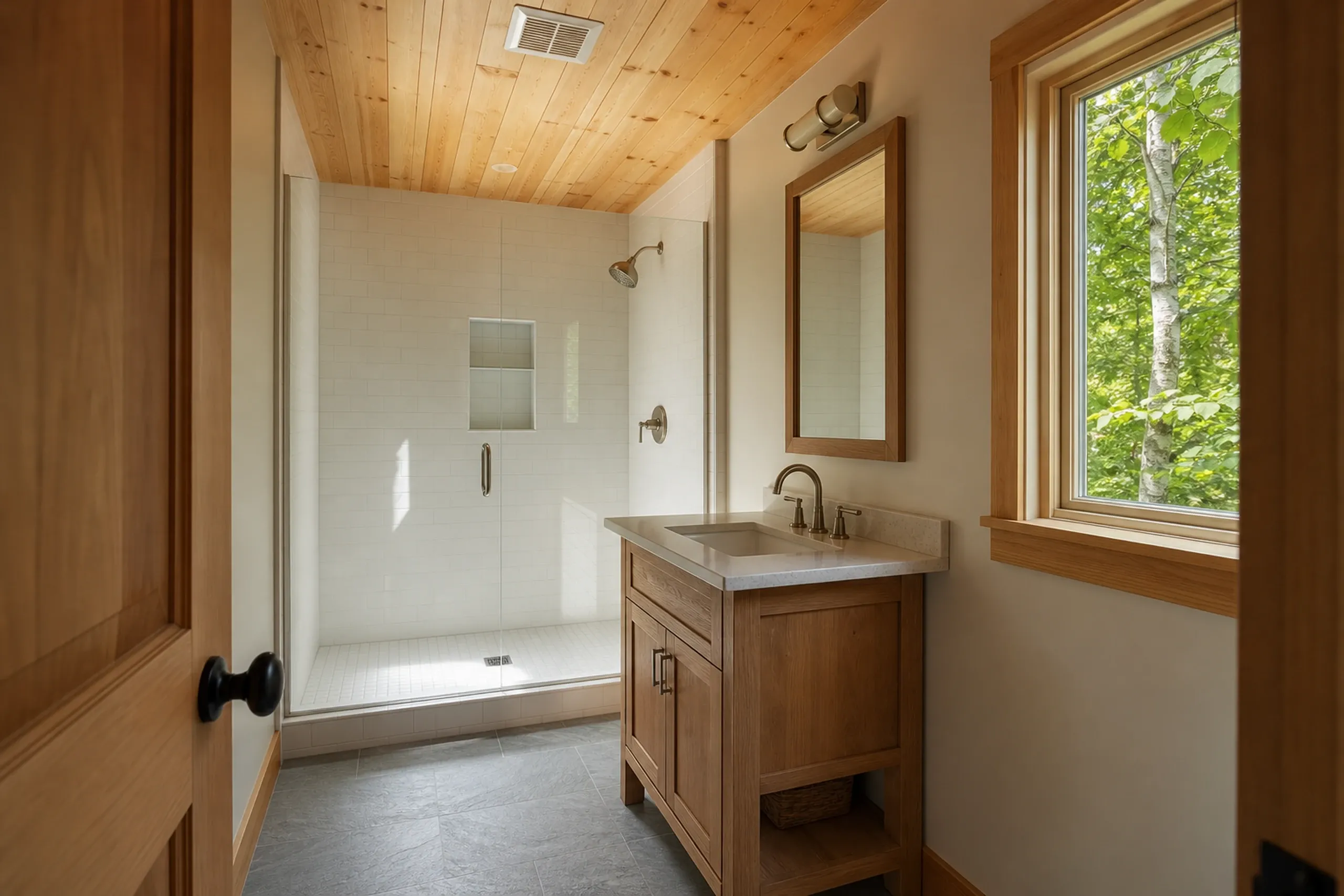 General contractor in Raymond: bathroom with a tiled walk-in shower and glass door, a wood vanity with a gray counter, a wood plank ceiling and a window onto birch trees