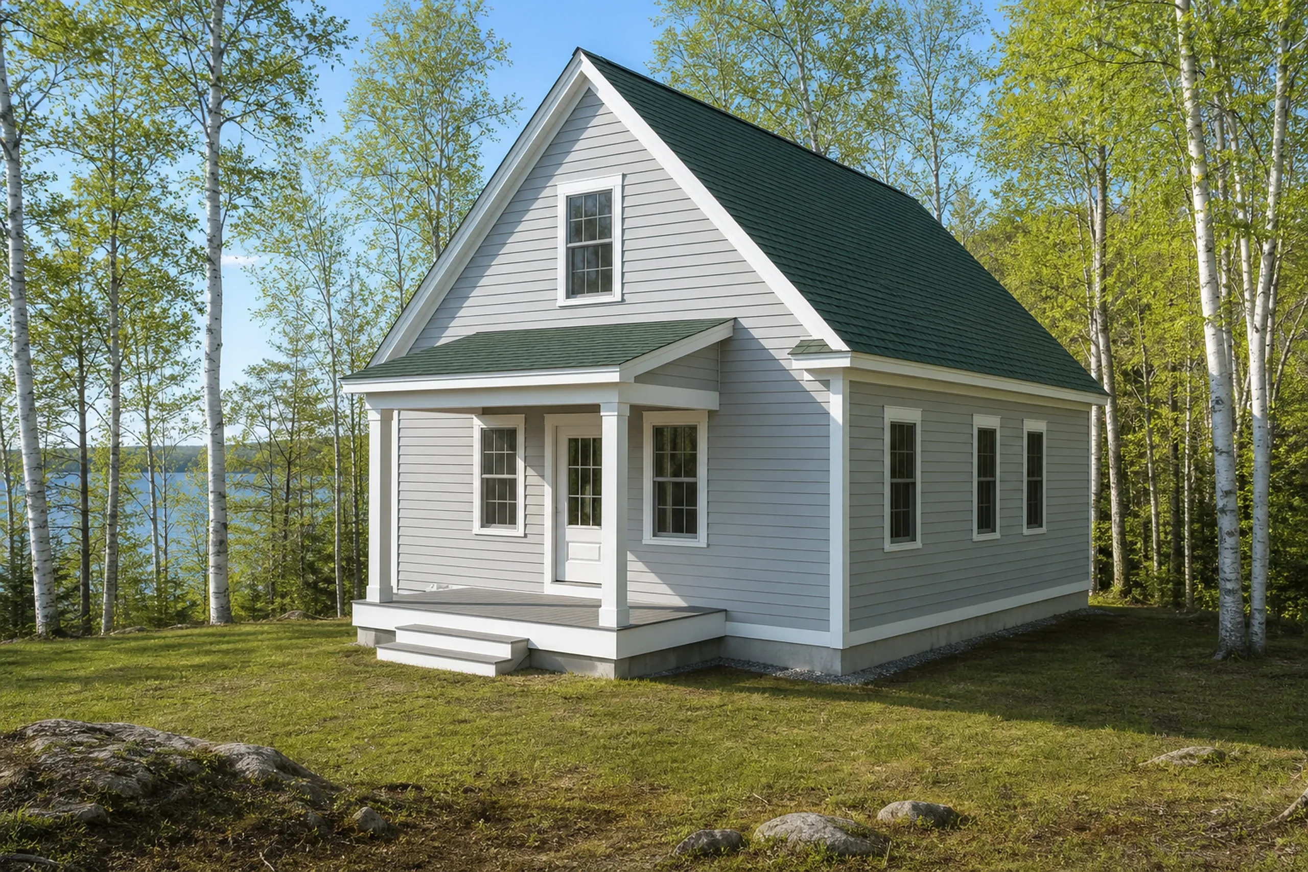 General contractor in Raymond: small gray clapboard house with a dark green roof, a covered front porch and a dormer window, among birch trees with a lake in the distance