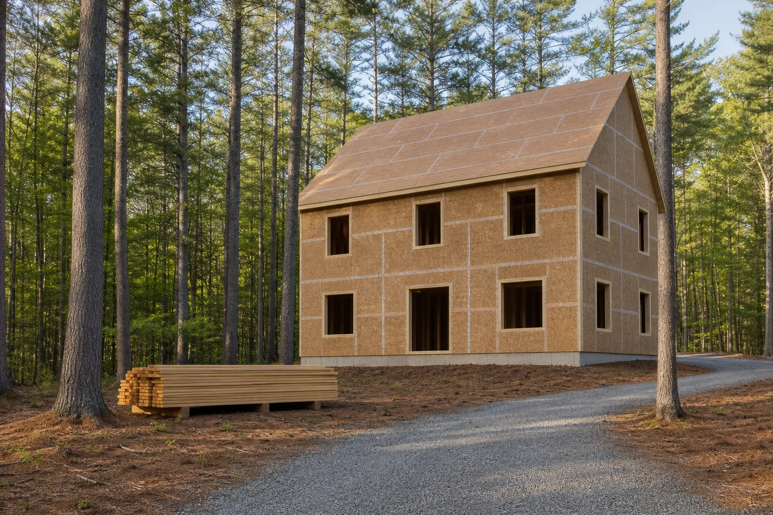 General contractor in Raymond: two-story house framed and sheathed with open window holes among tall pines, a lumber stack on needle-covered ground and a gravel drive