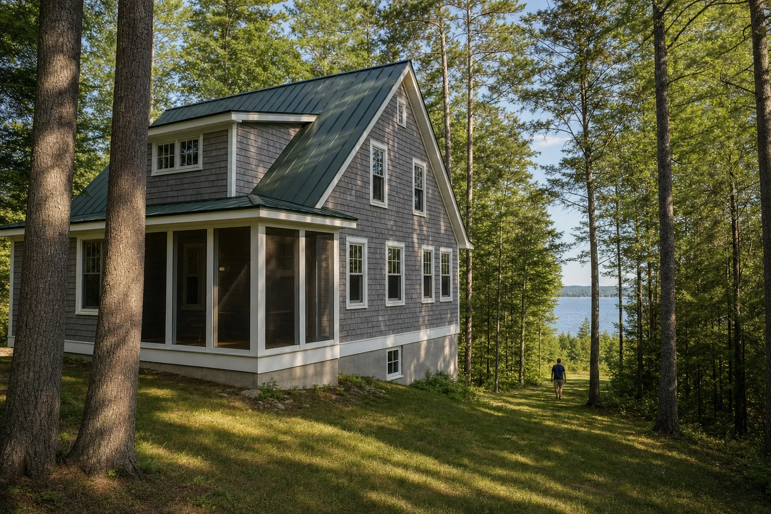 General contractor in Raymond, ME: gray shingled house with a green metal roof and a screened porch on a wooded slope above a lake, a man seen from behind far down the grass