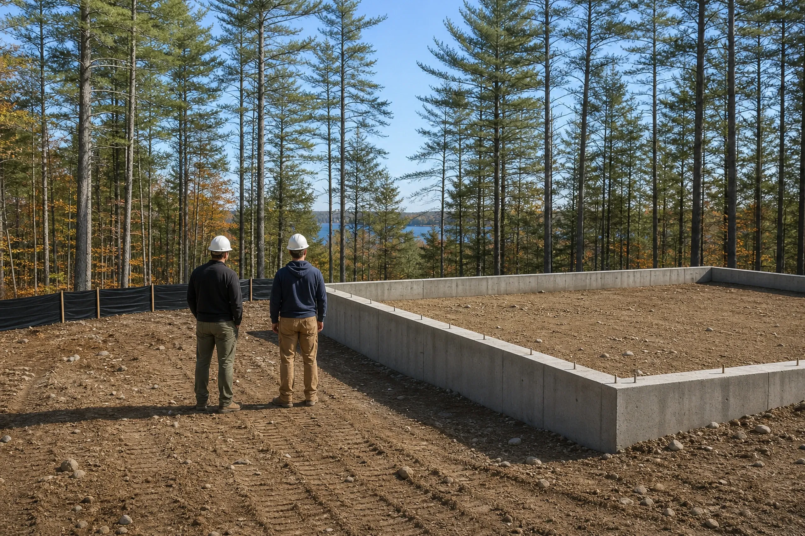 General contractor in Raymond: two men in white hard hats seen from behind beside a poured concrete foundation with anchor bolts, a black silt fence and pines by a lake