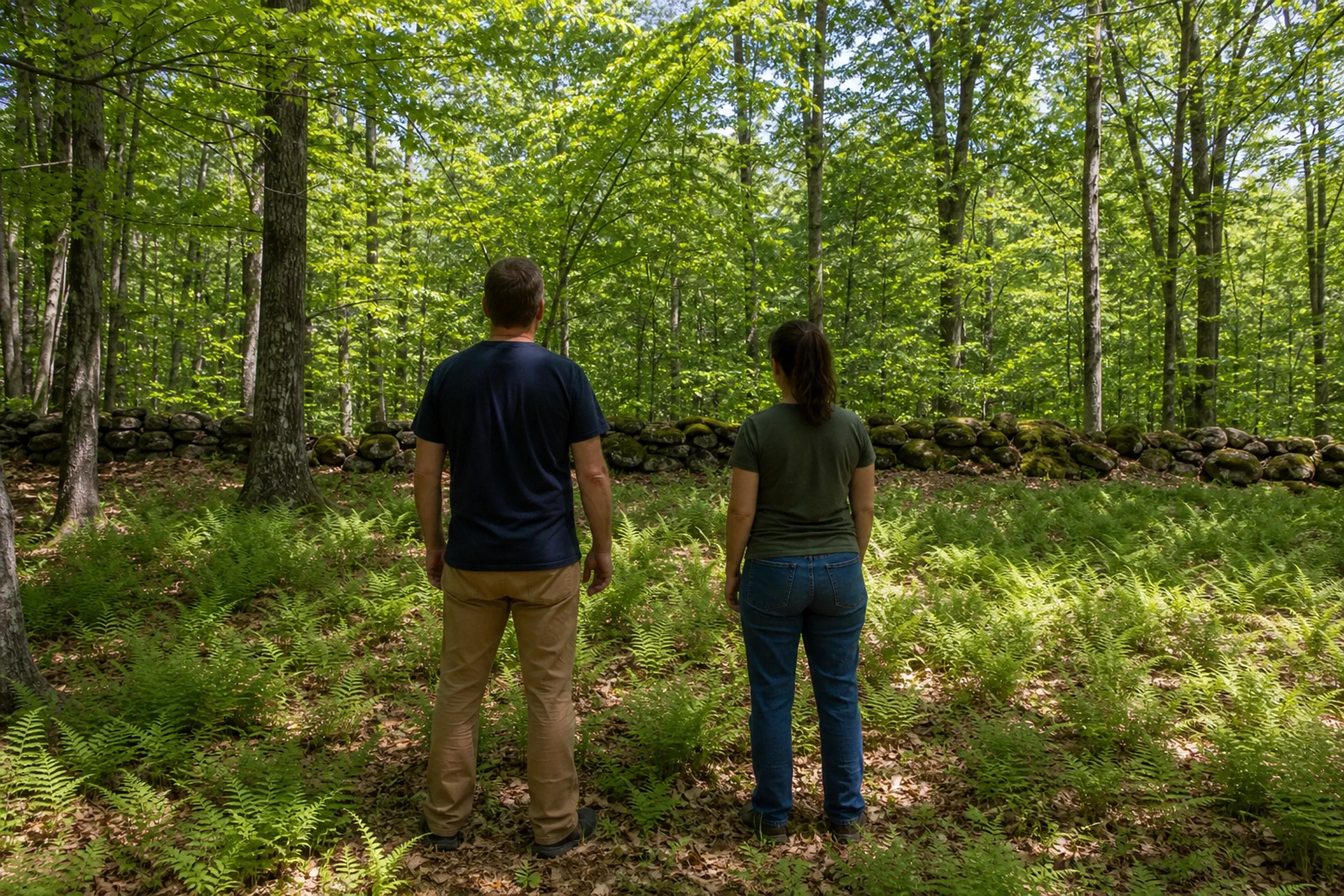General contractor in Raymond first visit: A man and a woman seen from behind standing among ferns in a green forest, facing a moss-covered stone wall