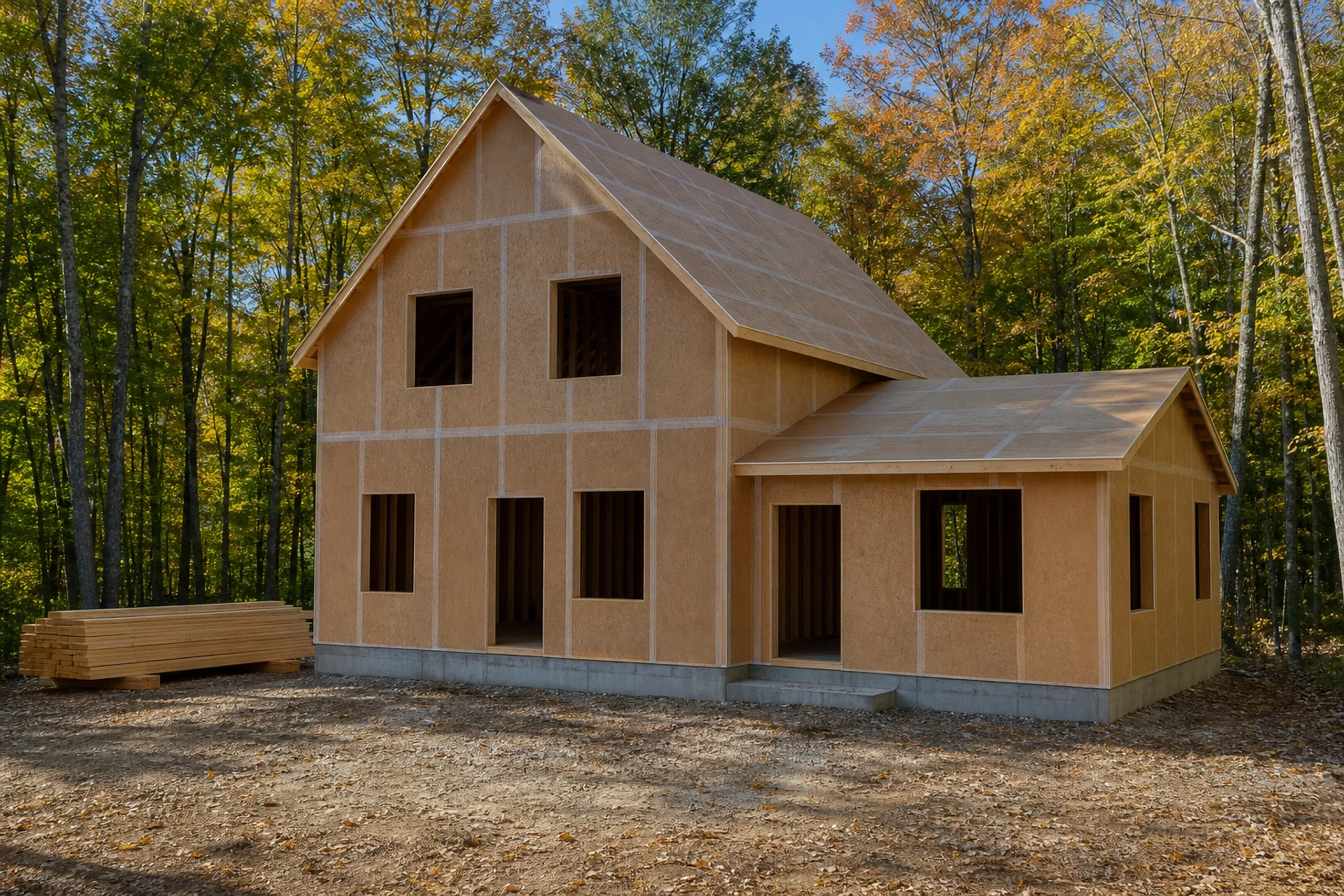 General contractor in Raymond in progress: framed and sheathed house with a taller main block and a lower side wing, open window holes and lumber at left, in woods turning yellow