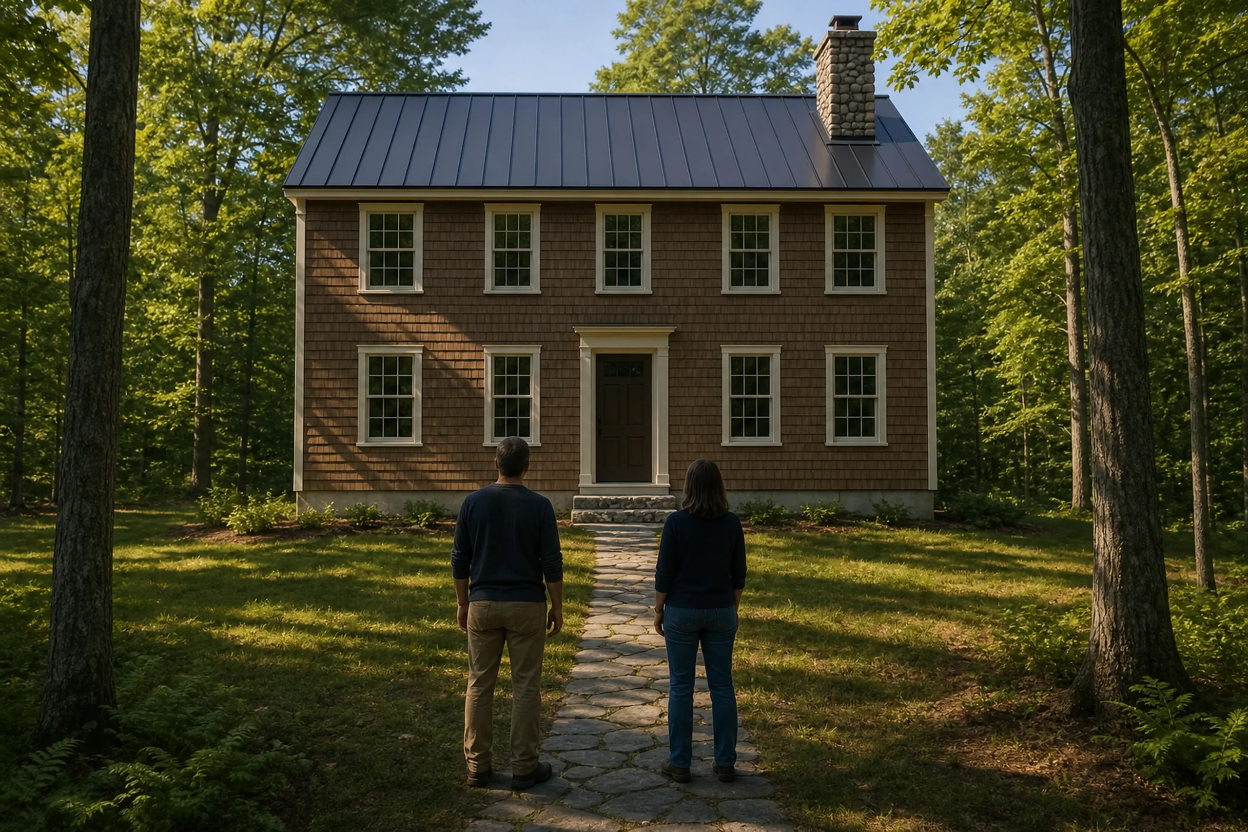 General contractor in Raymond final walkthrough: A man and a woman seen from behind on a stone path facing a brown shingled two-story house with a dark metal roof and stone chimney