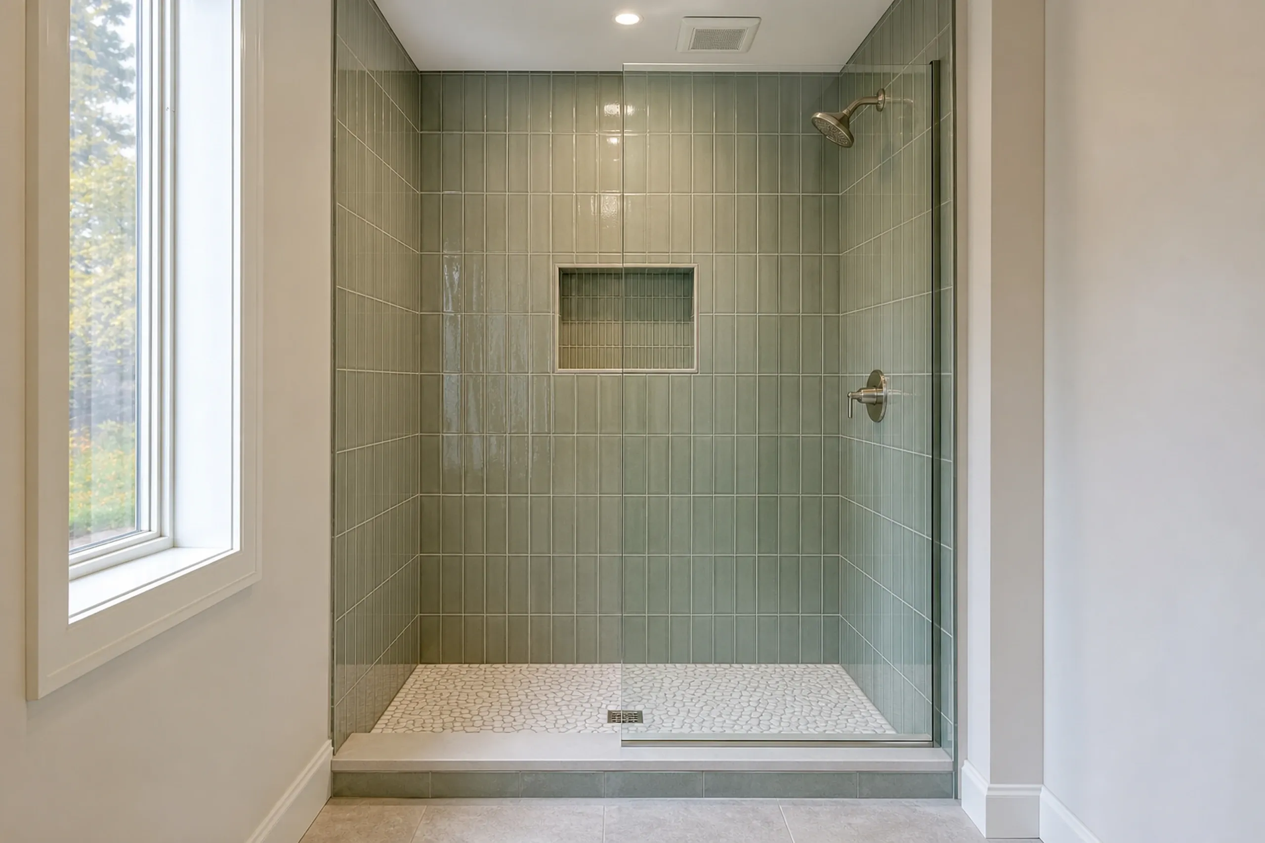 General contractor in Raymond: walk-in shower lined with tall sage green glossy tile, a recessed niche, a glass panel, nickel fixtures, a pebble floor and a tall window