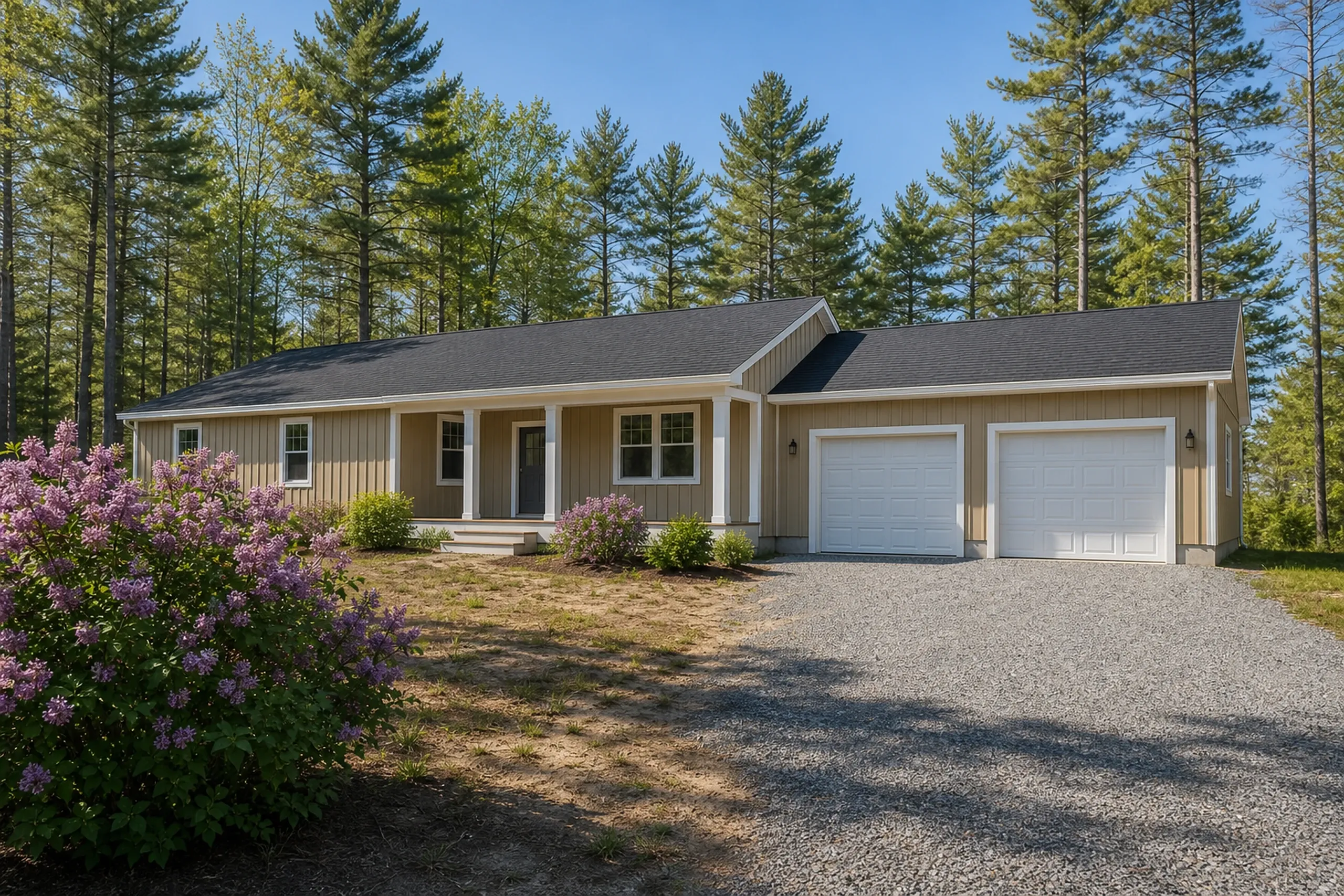 General contractor in Saco: single-story tan house with vertical siding, a dark roof, a covered porch and a two-door garage, with a gravel drive and tall pines
