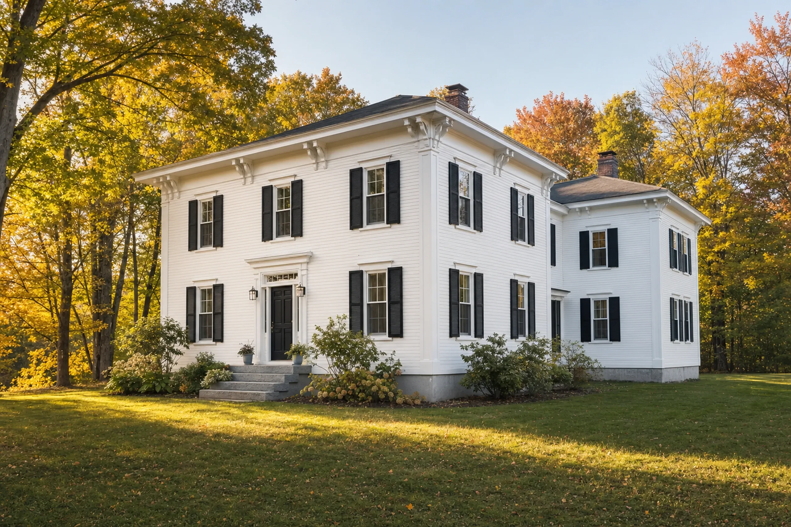 General contractor in Saco, ME: white two-story house with black shutters, bracketed eaves, a dark front door and a lower wing, among yellow and orange trees in autumn