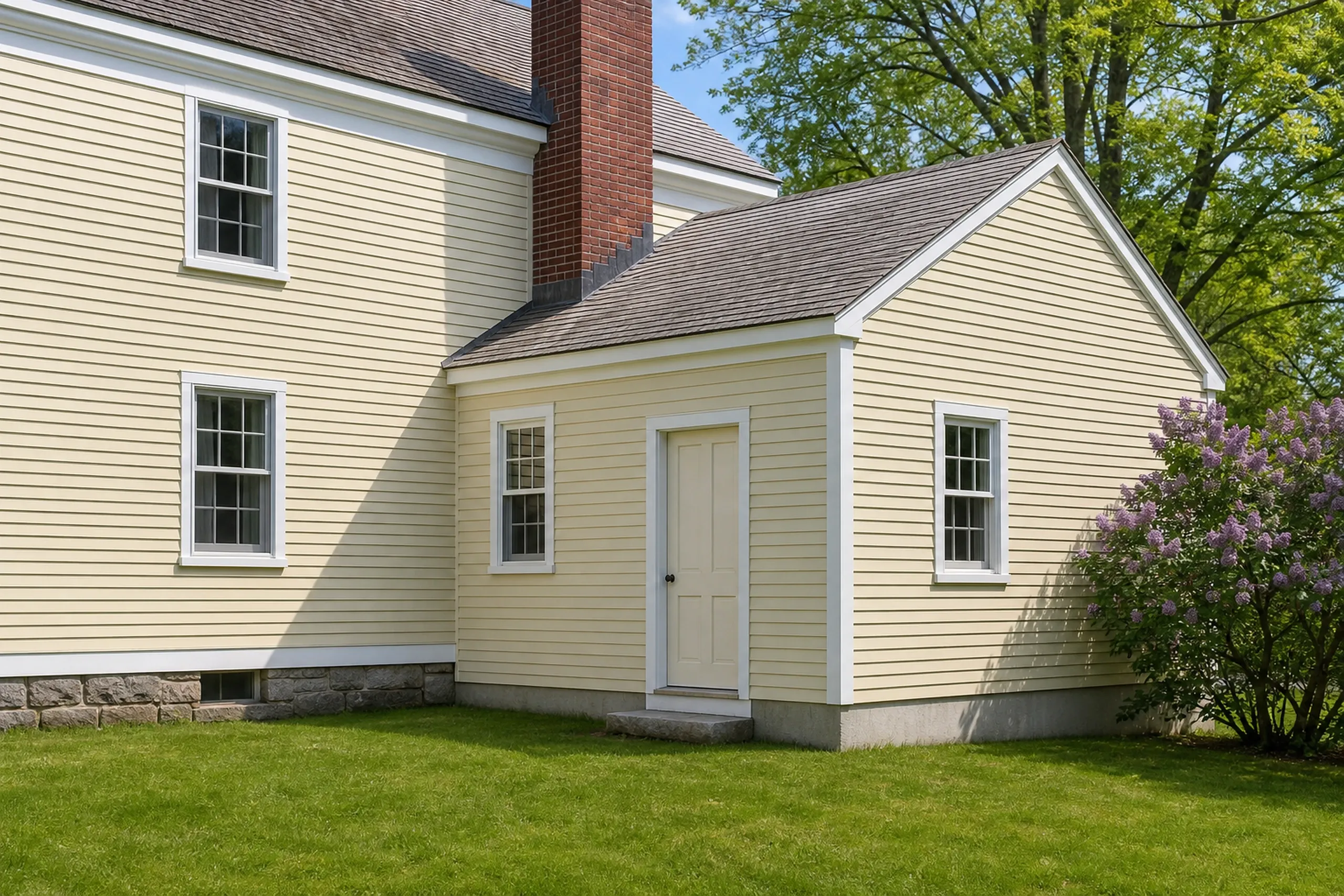 General contractor in Saco: cream clapboard house with a brick chimney and a small gabled side addition with a white door, a blooming lilac and green lawn