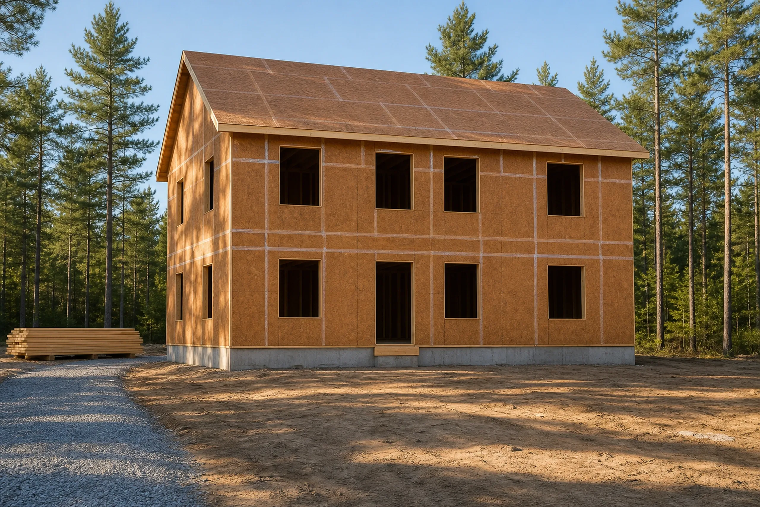 General contractor in Saco: sheathed two-story frame on a concrete base with open window and door openings, lumber at left and bare dirt in front, tall pines behind