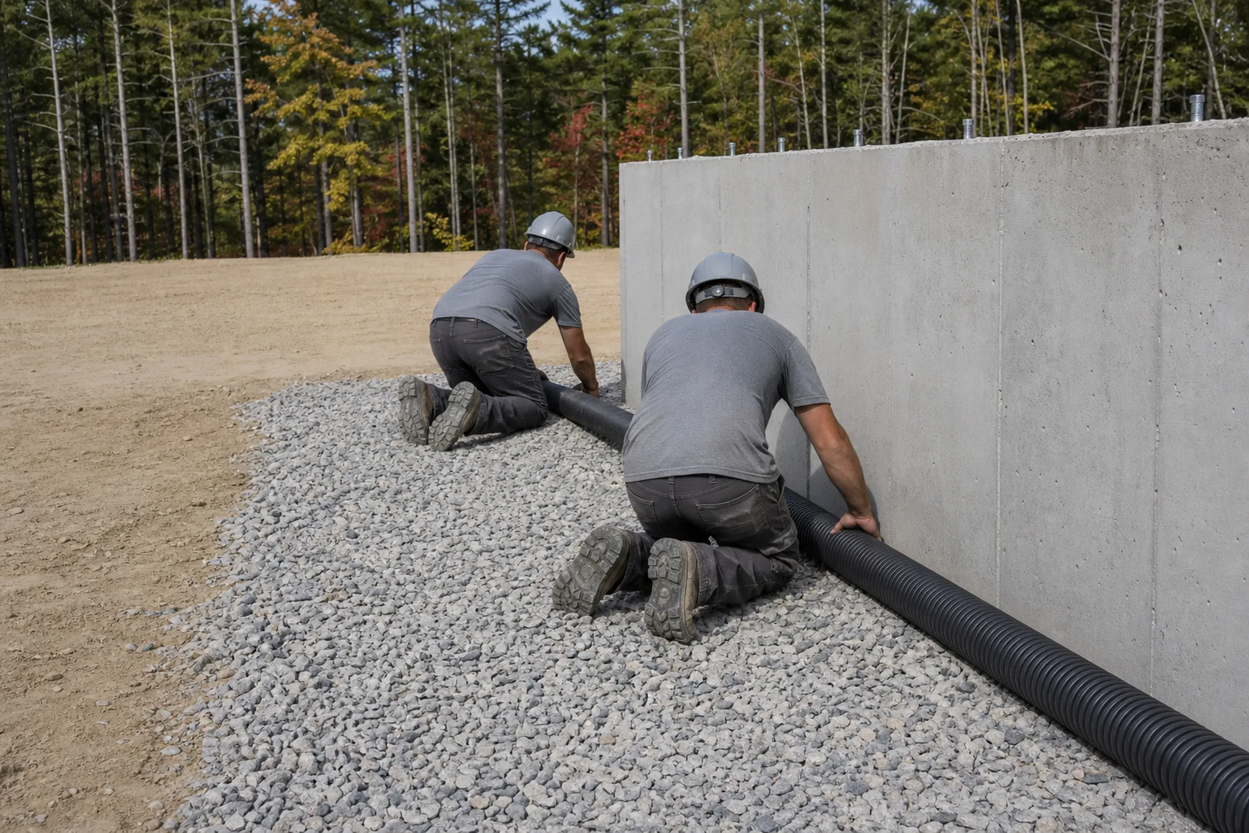 General contractor in Saco: two men in gray shirts and hard hats kneeling on gravel, seen from behind, laying black corrugated pipe along a poured concrete wall