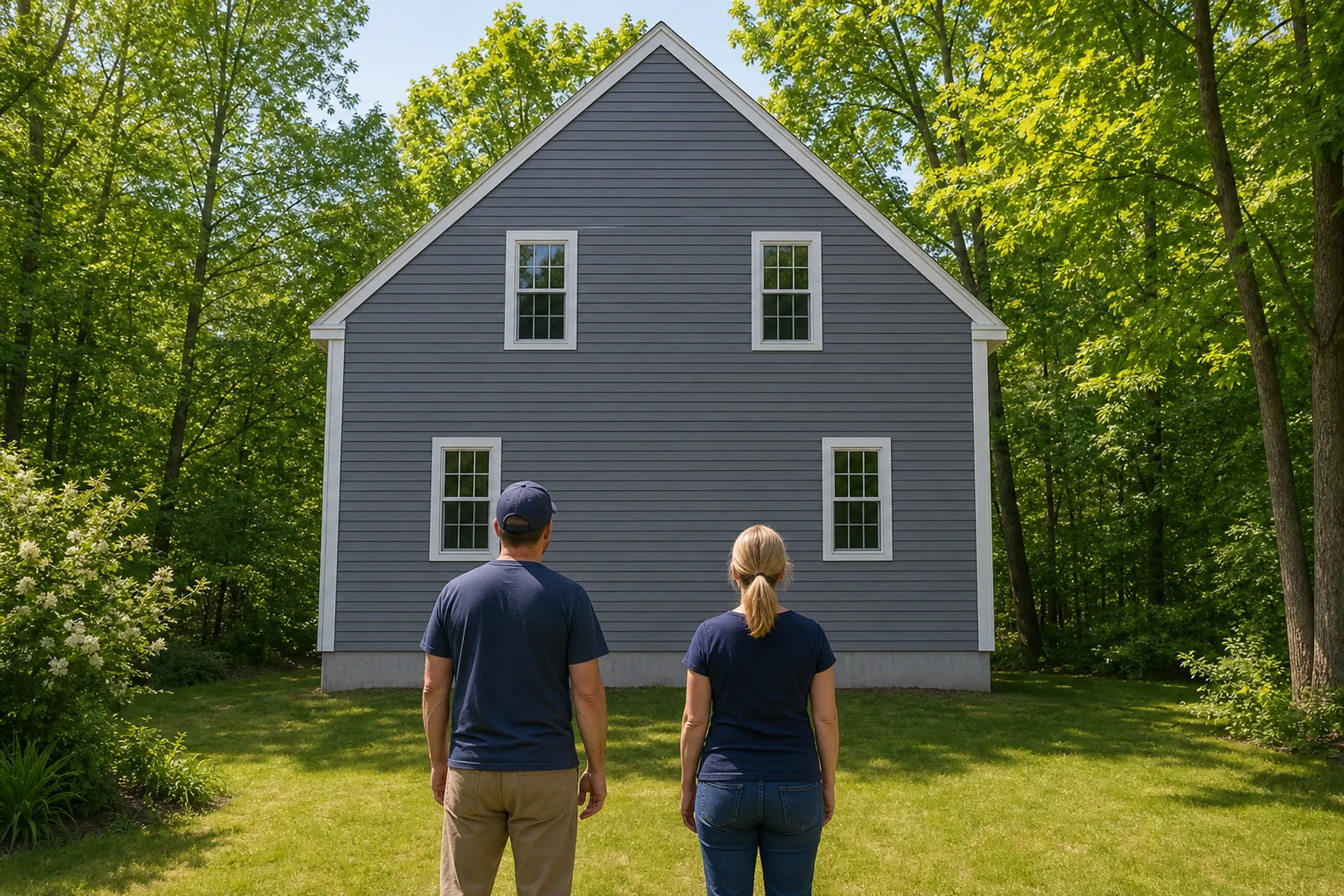 General contractor in Saco first visit: A man in a navy cap and a woman with a ponytail seen from behind, facing a blue-gray clapboard gable wall in a green wooded yard