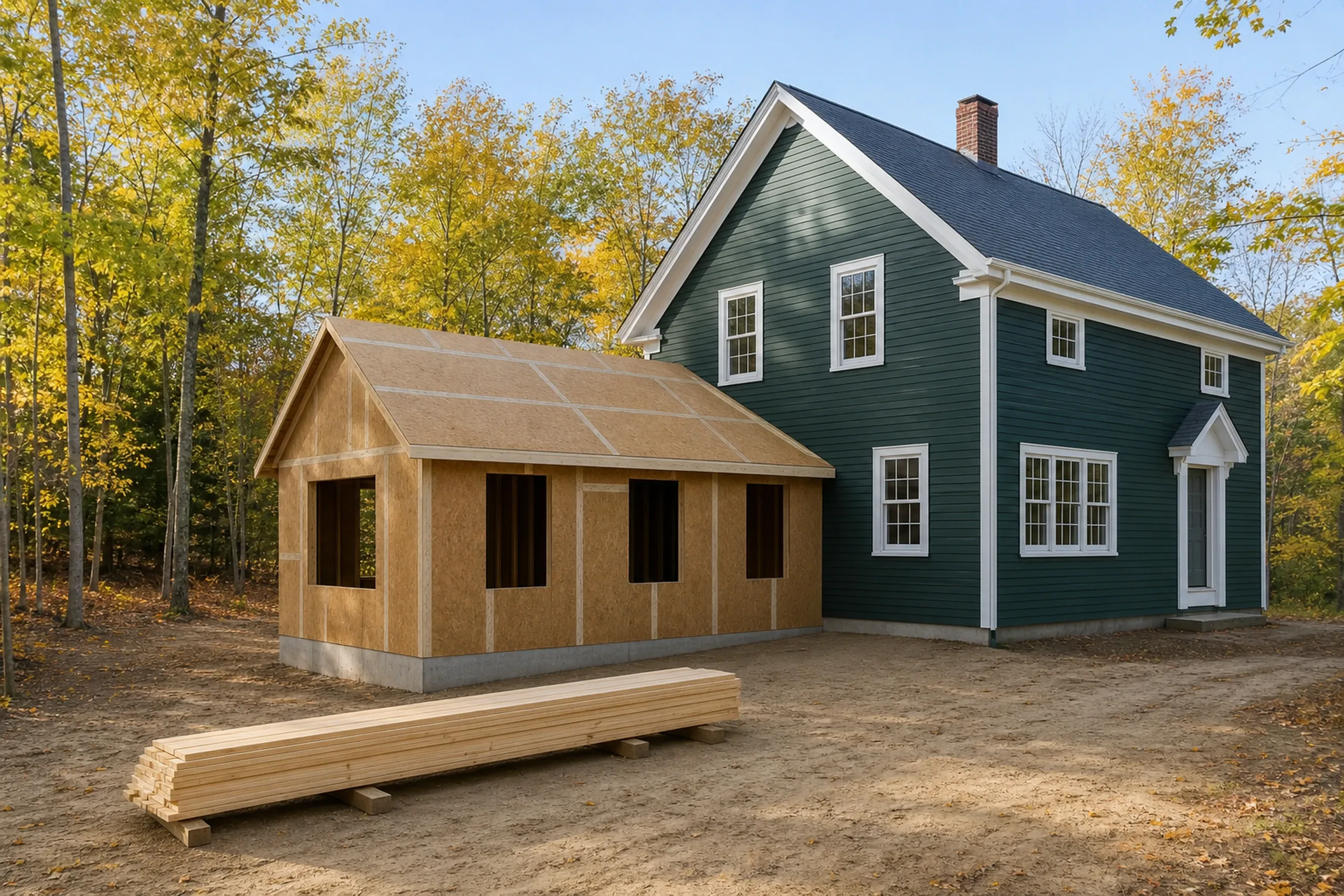 General contractor in Saco in progress: dark green two-story clapboard house with a brick chimney beside a new addition sheathed in brown panels, with lumber in front, in autumn