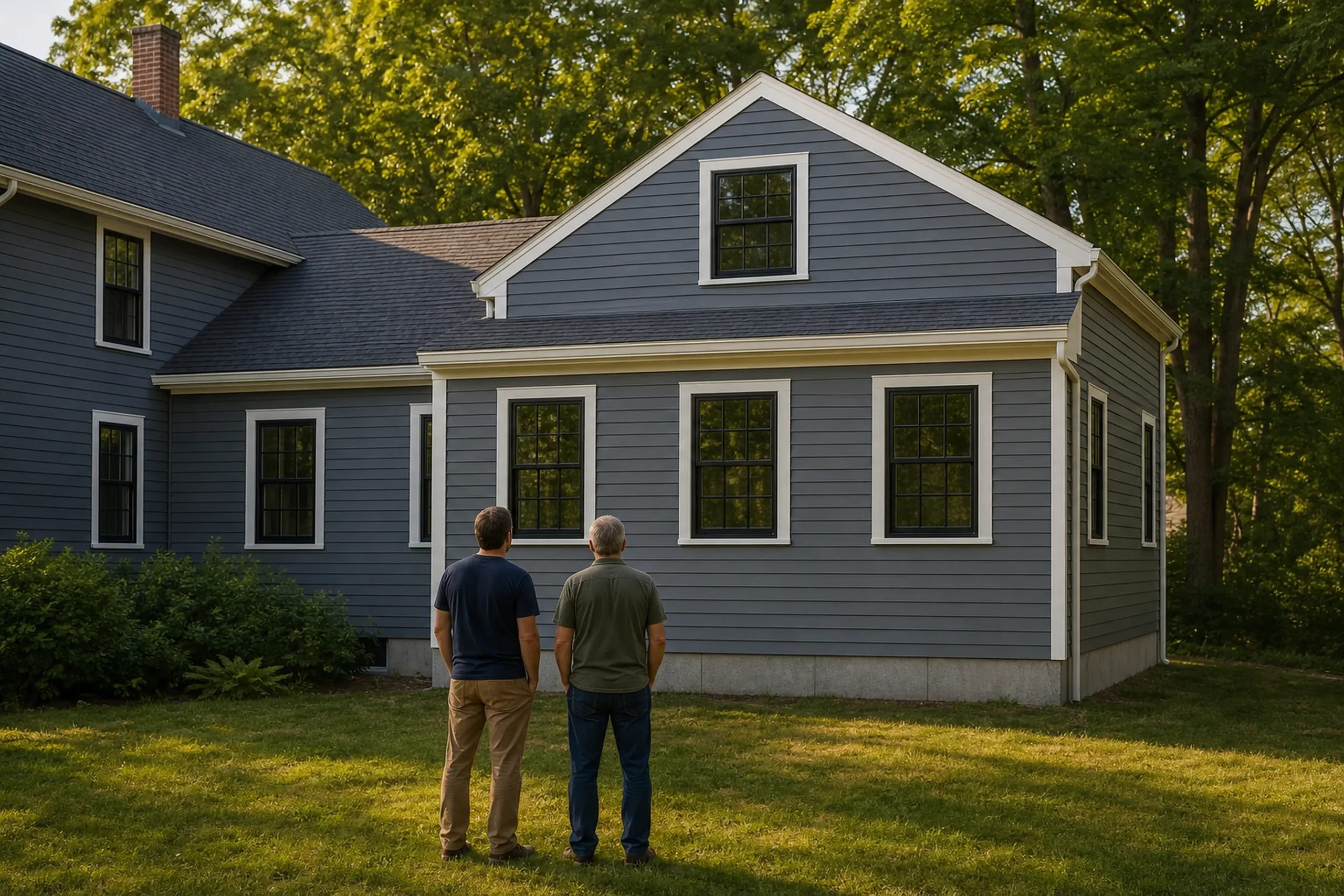 General contractor in Saco final walkthrough: two men seen from behind on a lawn looking at a slate-gray clapboard addition with white trim and black windows on a gray house