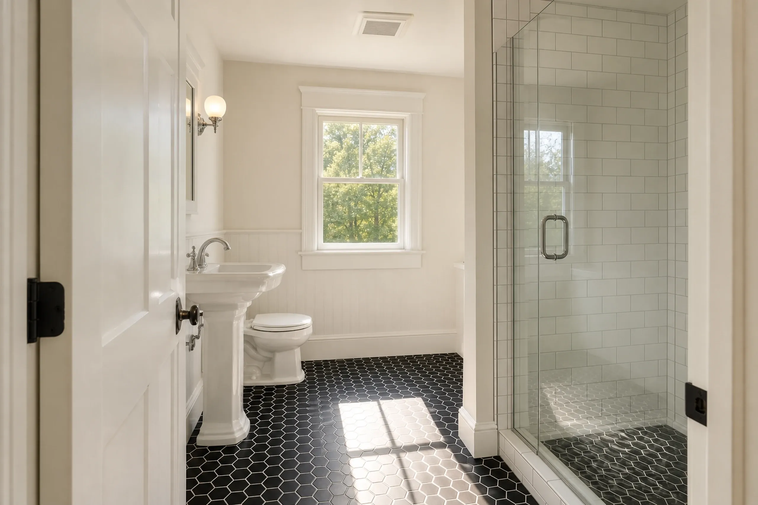 General contractor in Saco: bathroom with black hexagon floor tile, a pedestal sink, a toilet, beadboard wainscot and a glass-door tile shower, seen from the doorway