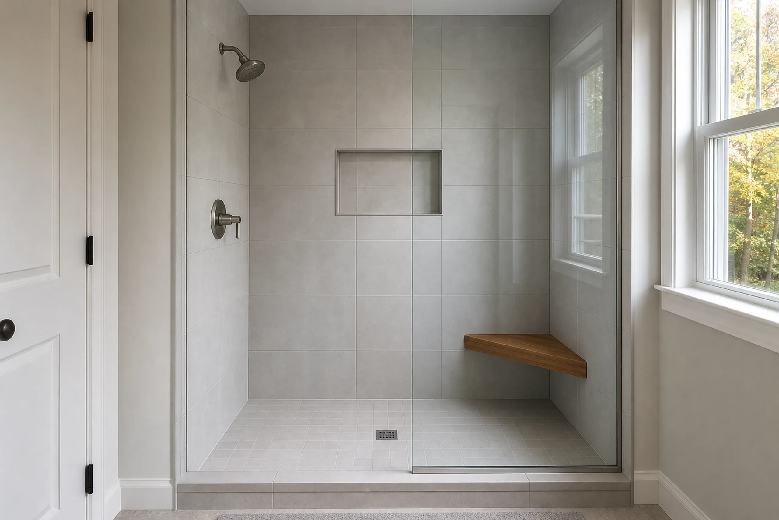 General contractor in Saco: walk-in shower with large gray tiles, a recessed niche, a corner wood bench, a glass panel and a tall window onto trees at right