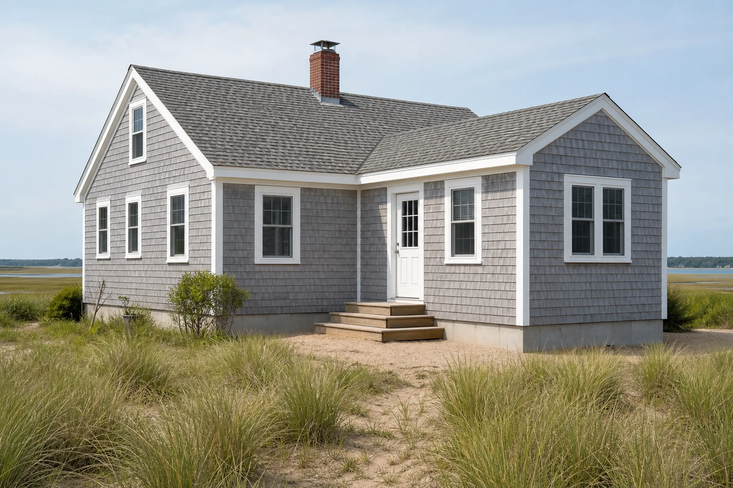 General contractor in Scarborough: gray shingled cottage with a brick chimney, wood entry steps and an L-shaped roofline, in beach grass with salt marsh and water behind
