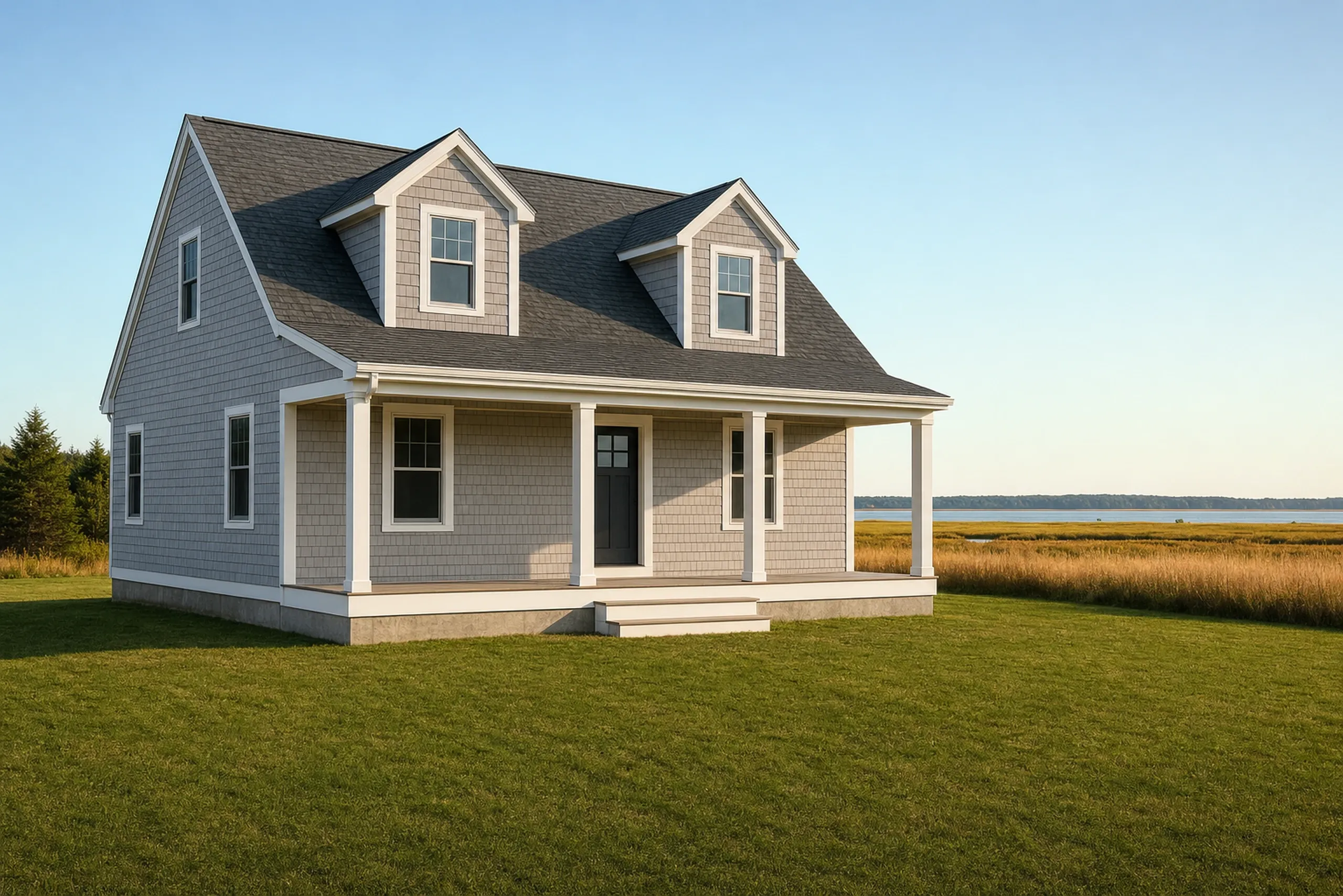 General contractor in Scarborough, ME: new gray-shingled cape with two dormers and a covered porch on a wide lawn beside a salt marsh