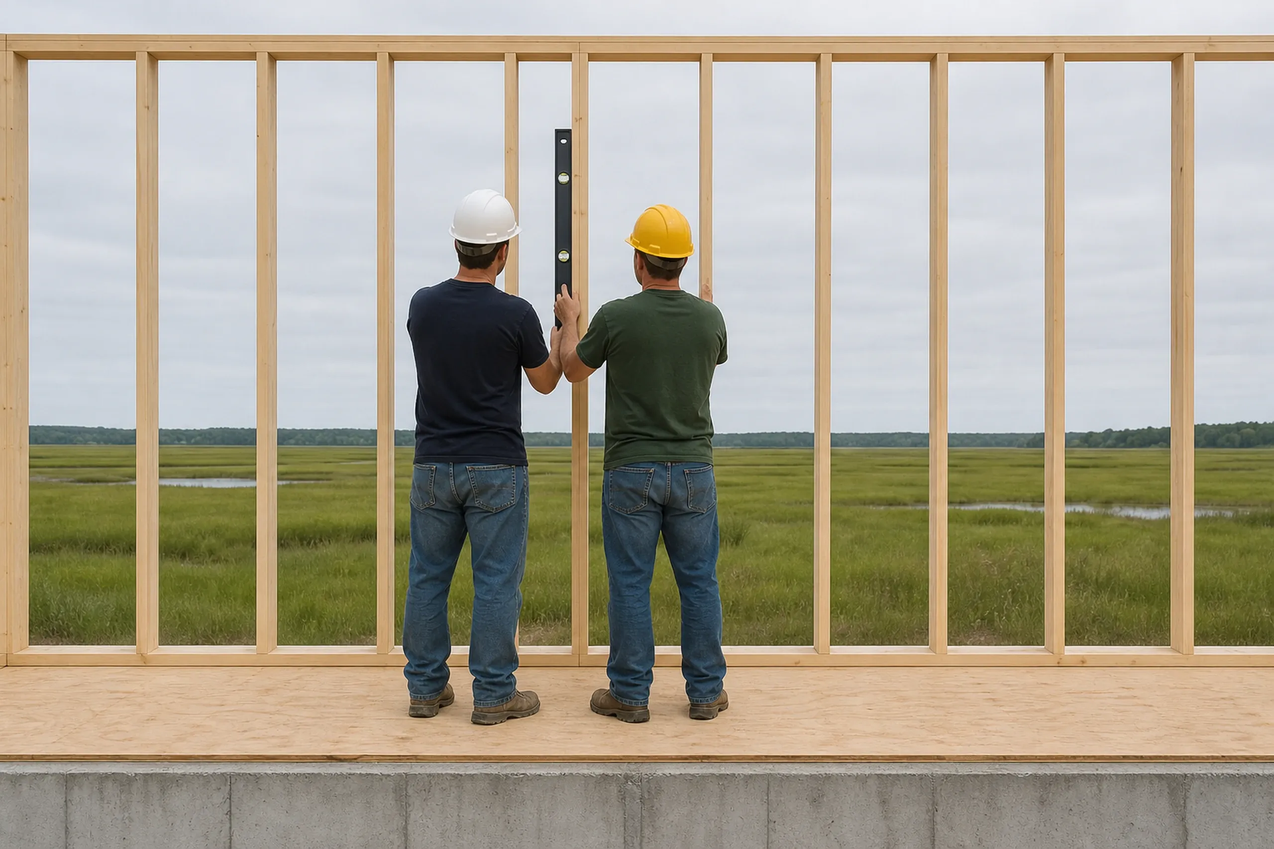 General contractor in Scarborough: two men in hard hats, seen from behind, hold a level against a framed wall on a subfloor with a grassy marsh beyond