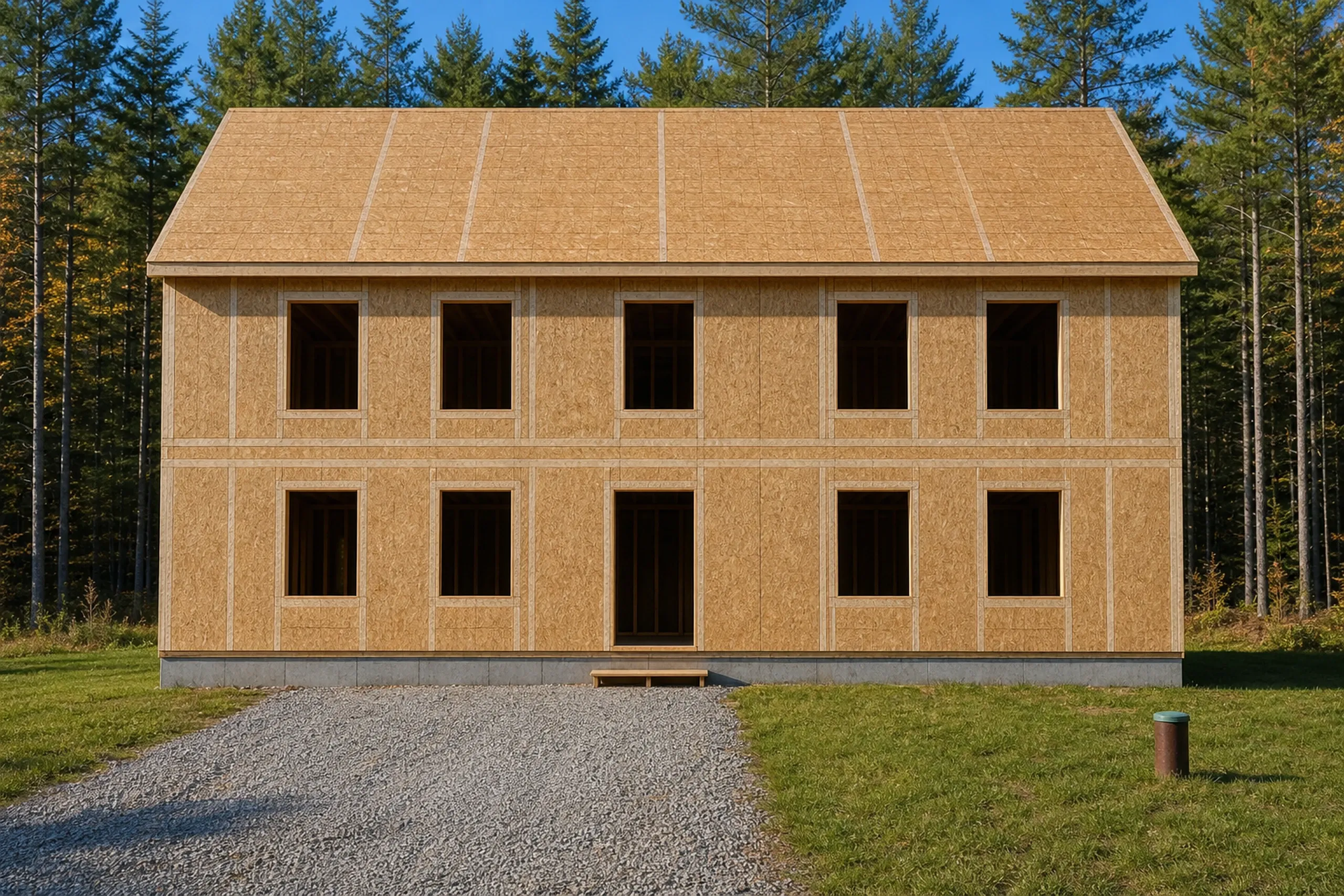 General contractor in Scarborough: A two-story house framed and sheathed in tan panels, with open window holes, stands on a gravel drive among tall pines