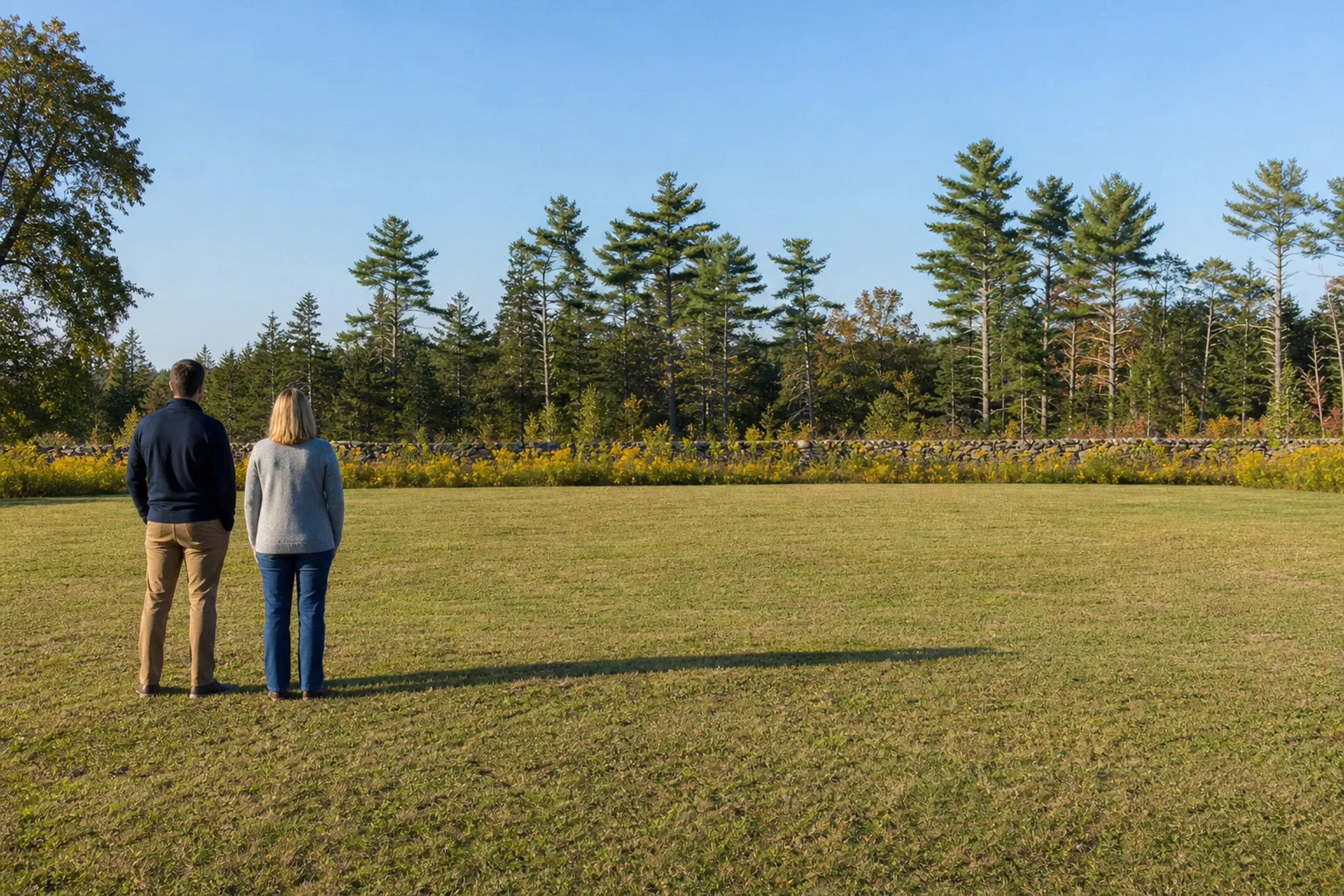 General contractor in Scarborough first visit: two people seen from behind stand on a mown lawn facing a low stone wall, yellow wildflowers and tall pines under a clear sky