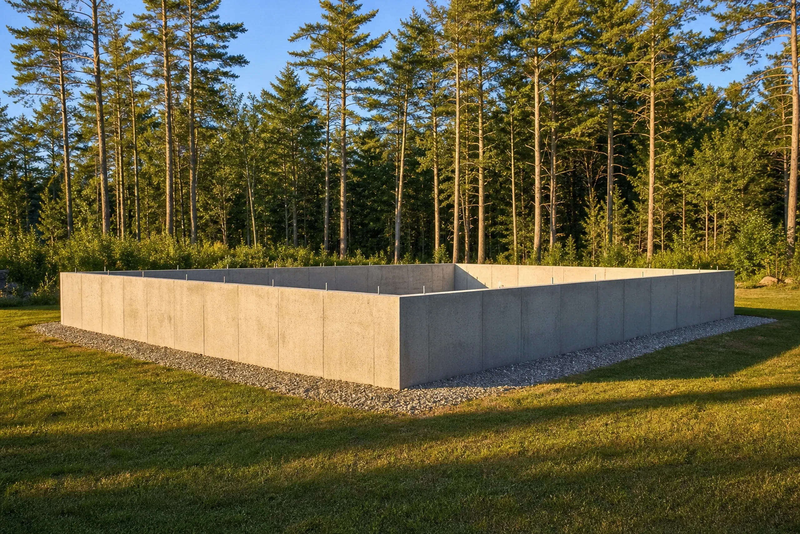 General contractor in Scarborough in progress: A poured concrete foundation wall forming a rectangle on a grass lot, edged with gravel and backed by tall pine trees