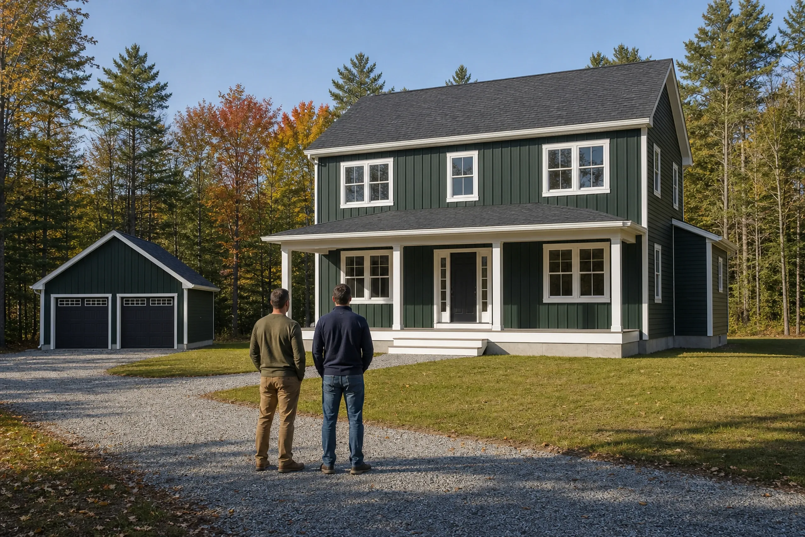 General contractor in Scarborough final walkthrough: two men seen from behind on a gravel drive face a dark green two-story house with a front porch and a two-door garage in autumn