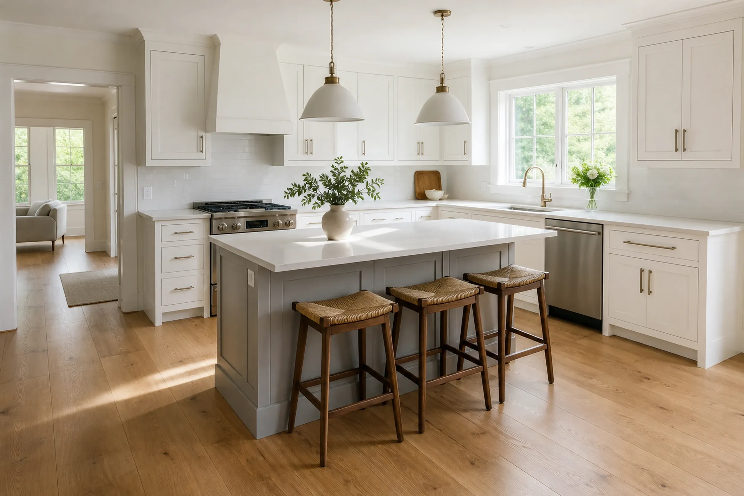 General contractor in Scarborough: A bright kitchen with white cabinets, a gray island with a white top, three wooden stools, a range and a sink by a window