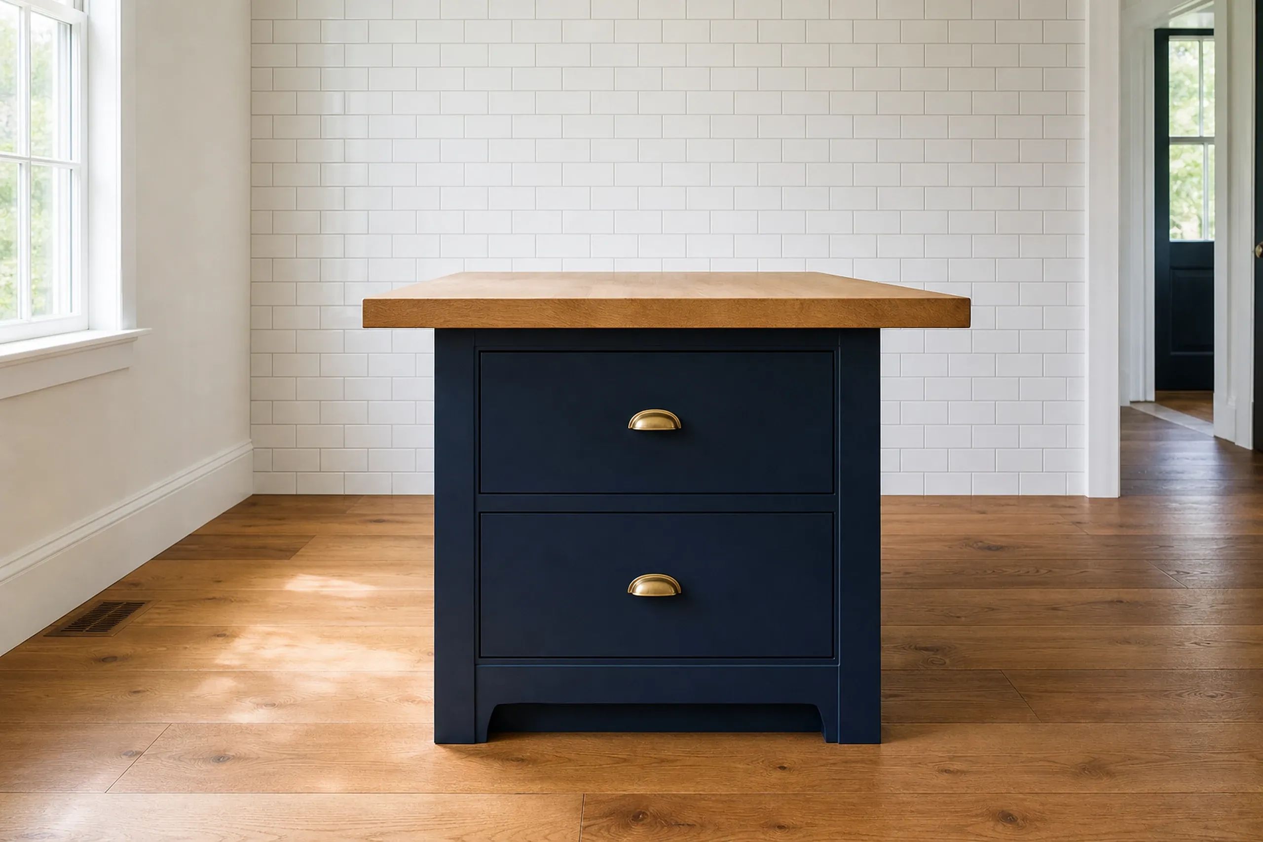 General contractor in Scarborough: A navy kitchen island with two drawers, brass cup pulls and a wood top stands on a wood floor before a white tile wall