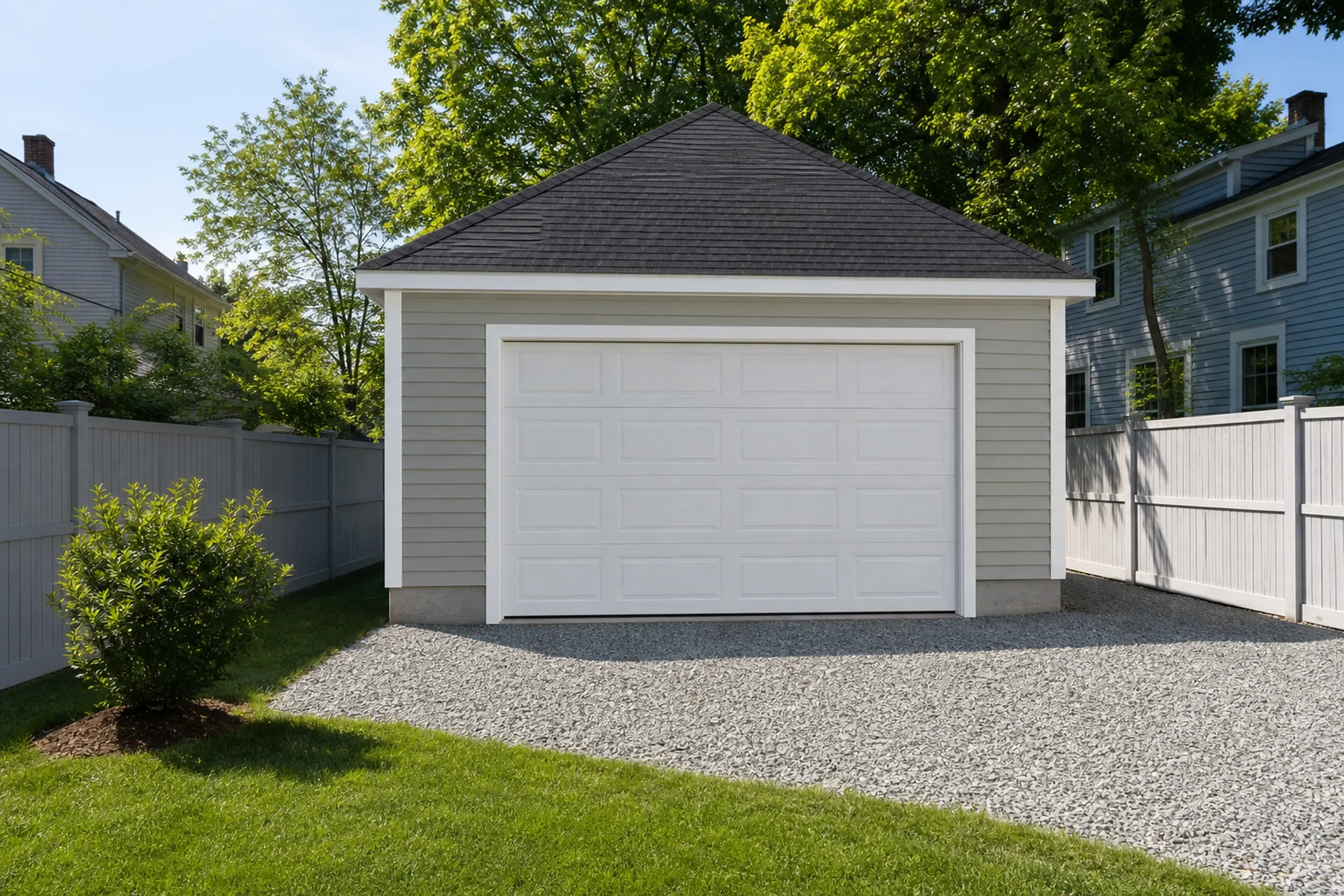 General contractor in South Portland: A detached garage with gray siding, a white paneled door and a dark hip roof, gravel up to the door, between two fences
