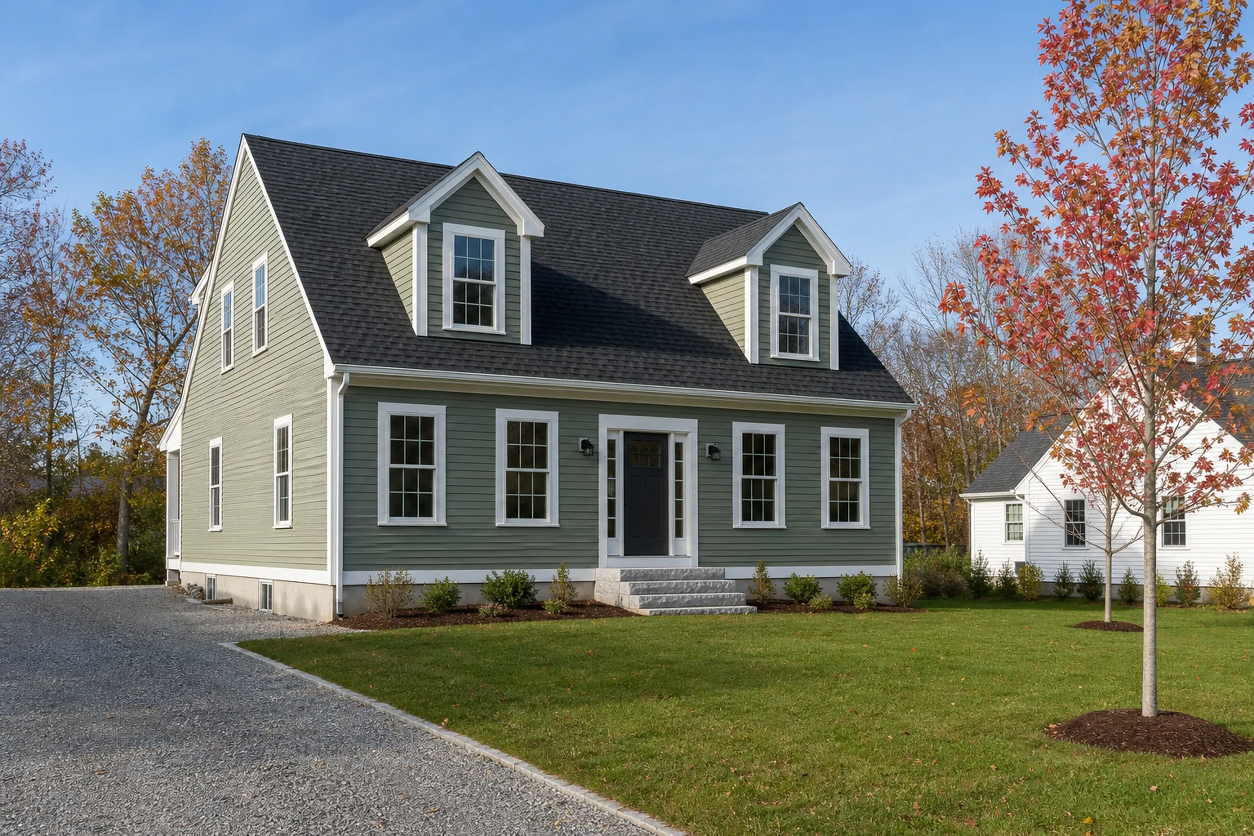 General contractor in South Portland: A sage green Cape-style house with two dormers, a dark roof and granite front steps, beside a gravel drive and a red-leafed tree