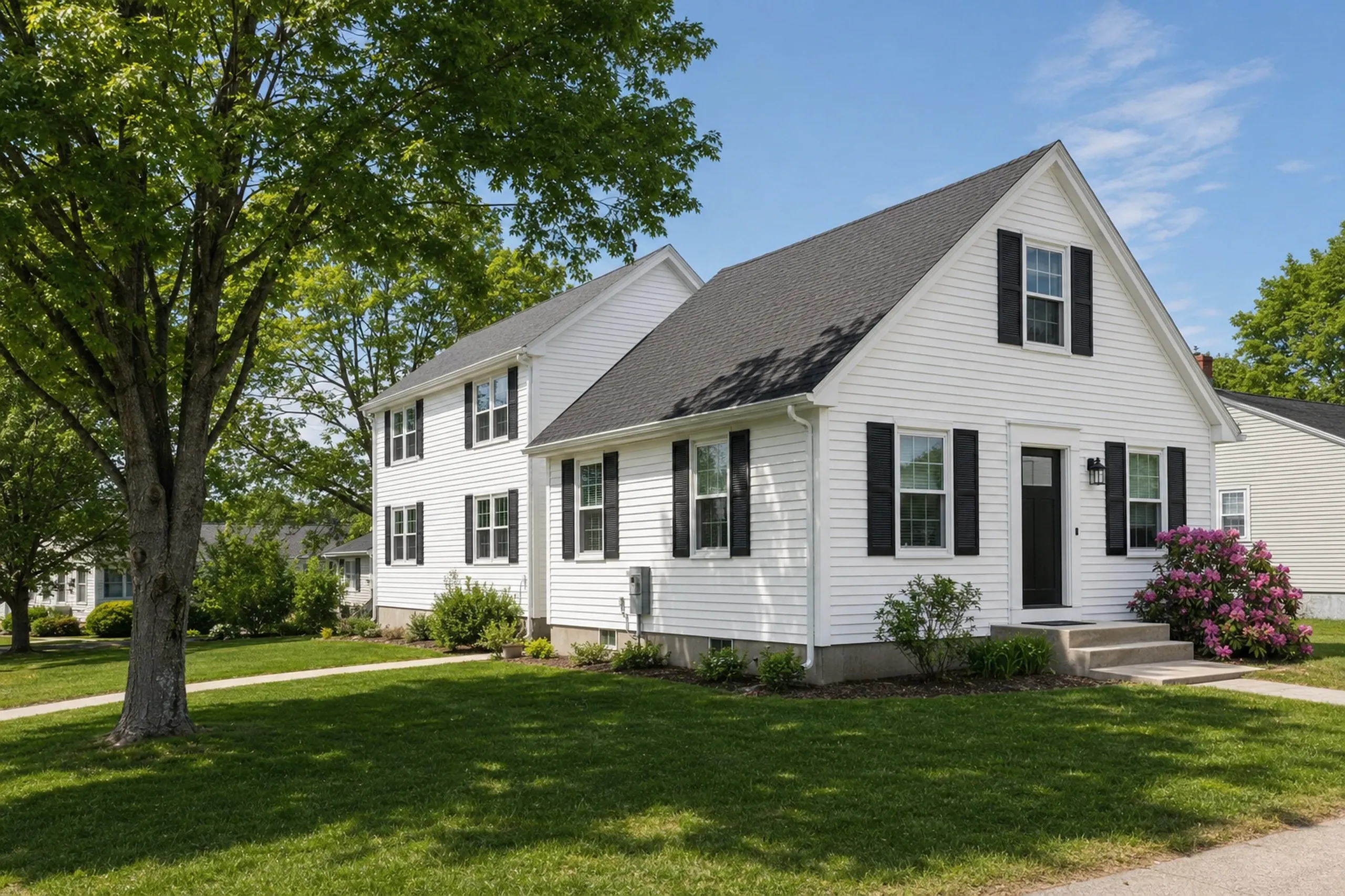 General contractor in South Portland, ME: A white house with black shutters and a dark roof, a gabled front section joined to a taller two-story wing, beside a large tree
