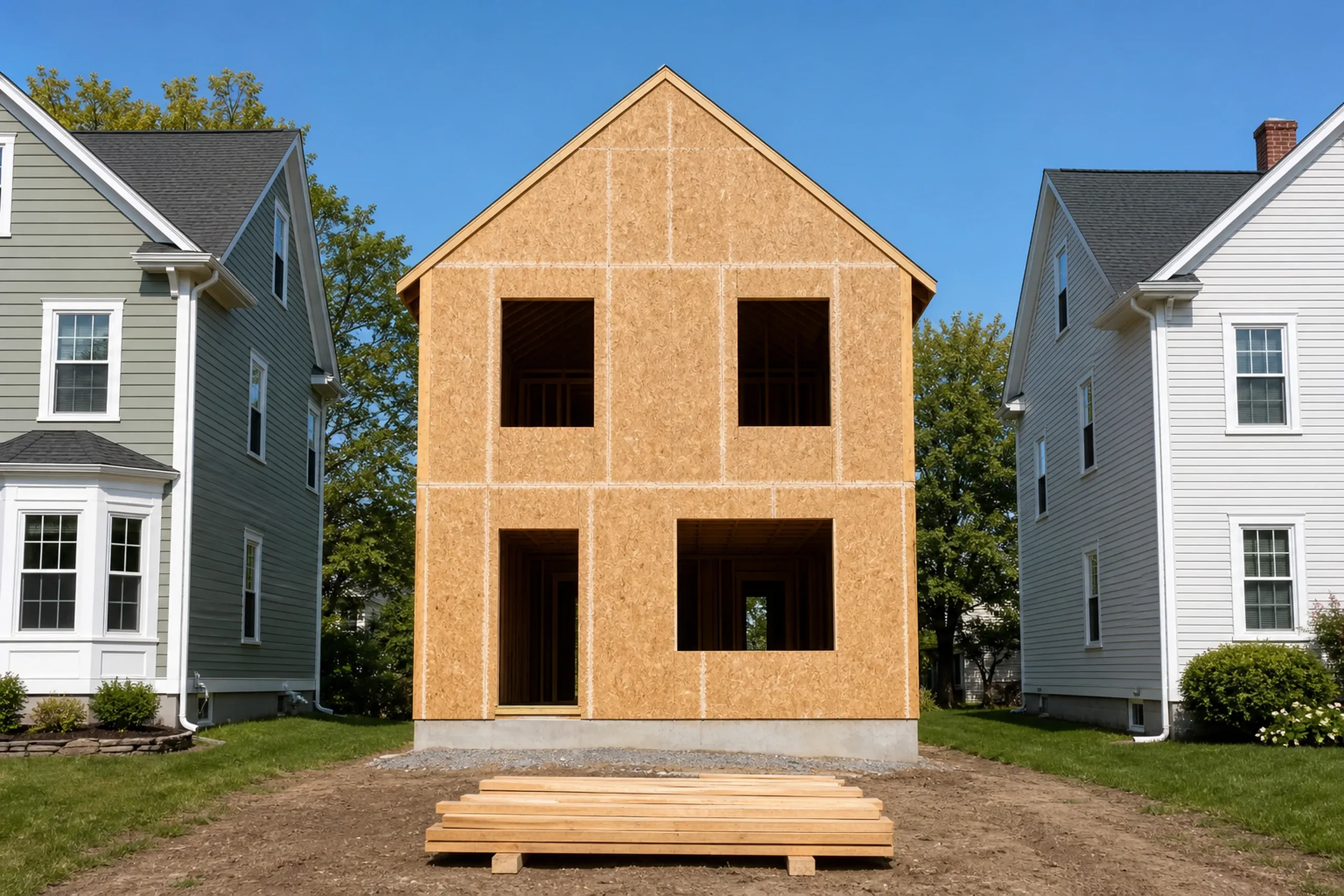 General contractor in South Portland: A two-story house framed and sheathed in tan panels stands between two older sided houses on a bare lot, lumber stacked in front